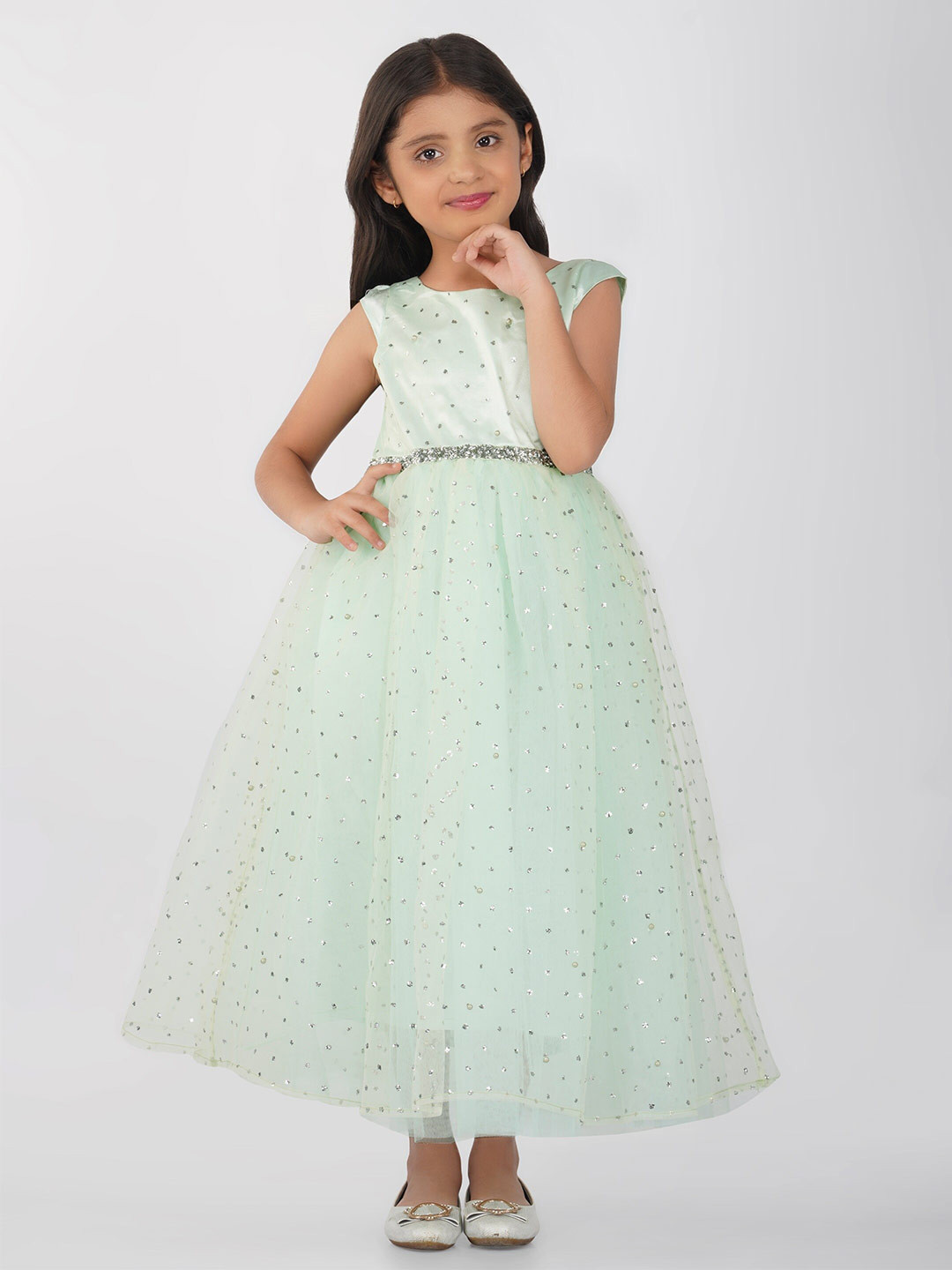 

Toy Balloon Girls Boat Neck Embellished Waist Fit & Flare Maxi Dress, Sea green