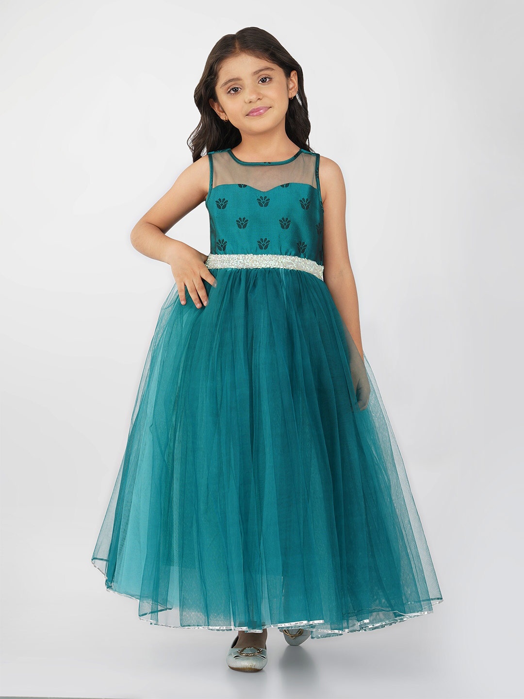 

Toy Balloon Girls Boat Neck Embellished Waist Fit & Flare Maxi Dress, Teal