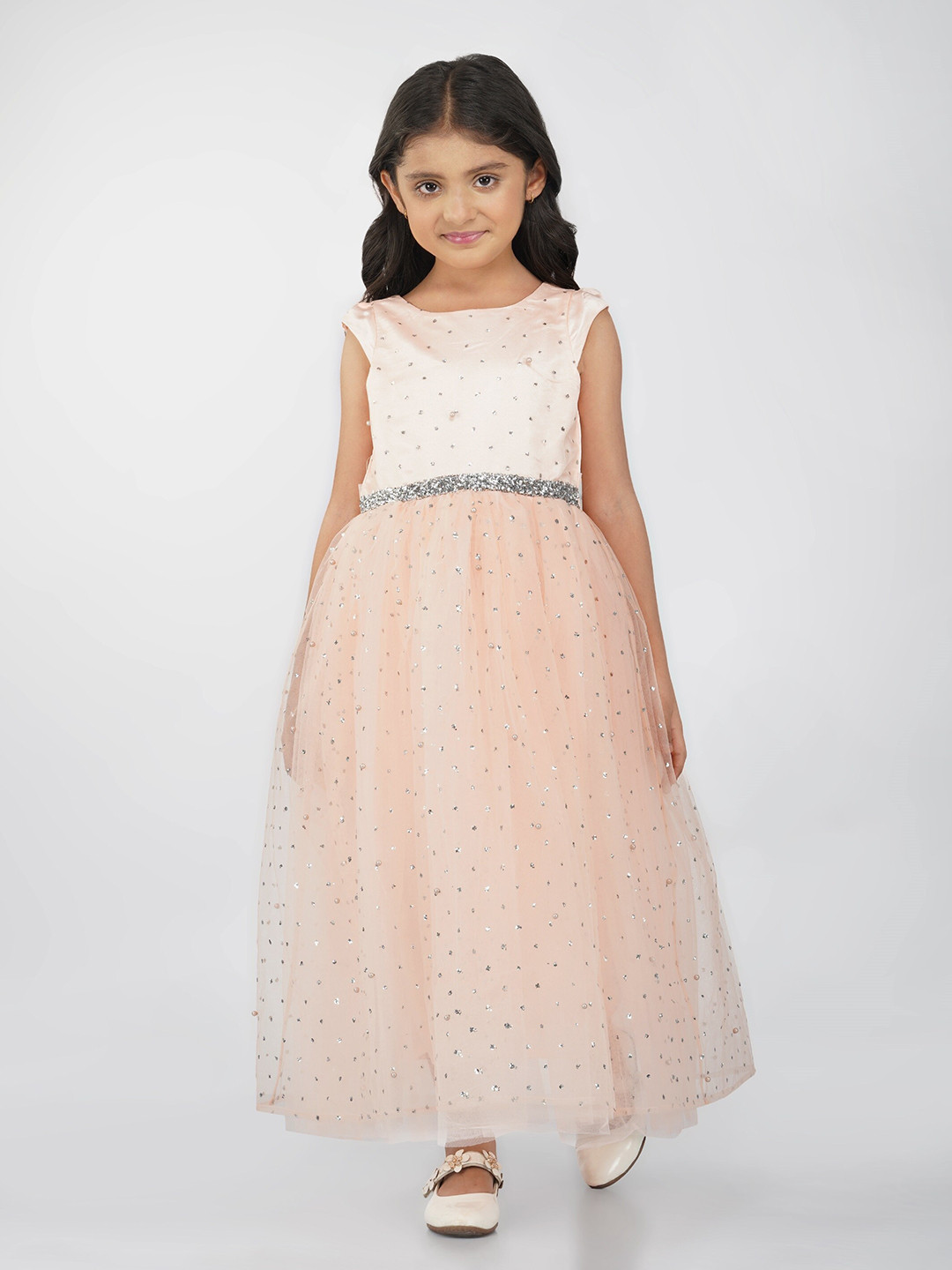 

Toy Balloon Girls Boat Neck Embellished Waist Net Fit & Flare Tulle Maxi Dress, Peach