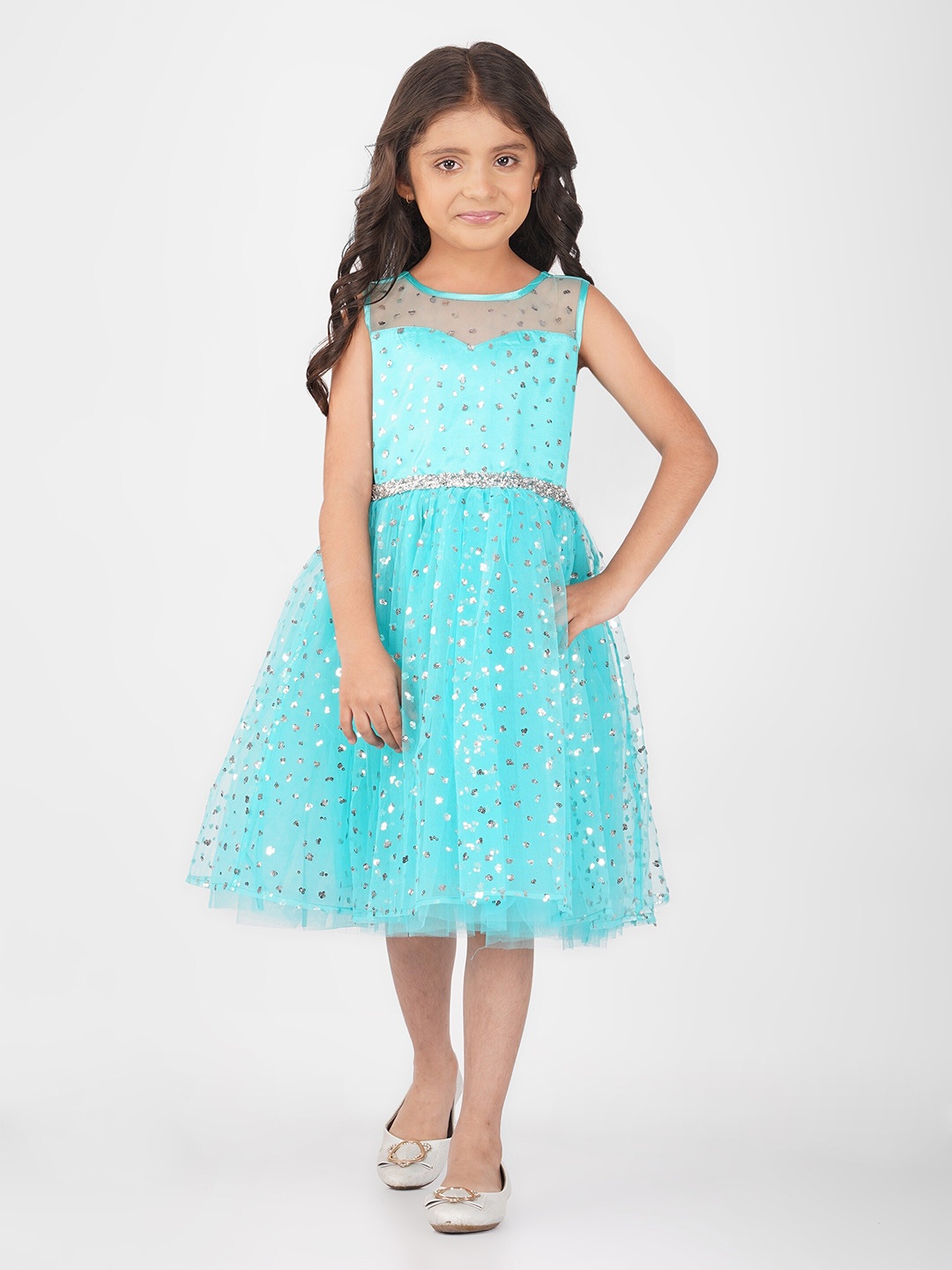 

Toy Balloon Girls Boat Neck Embellished Sleeveless Fit & Flare Midi Dress, Blue