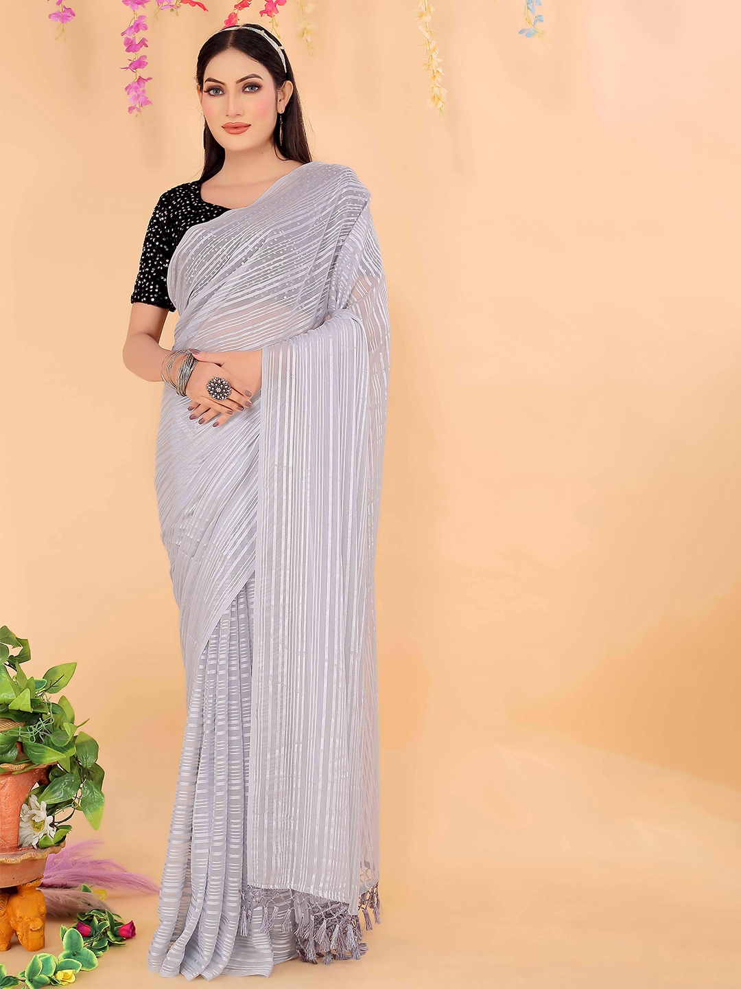 

Florence Striped Lycra Saree, Grey