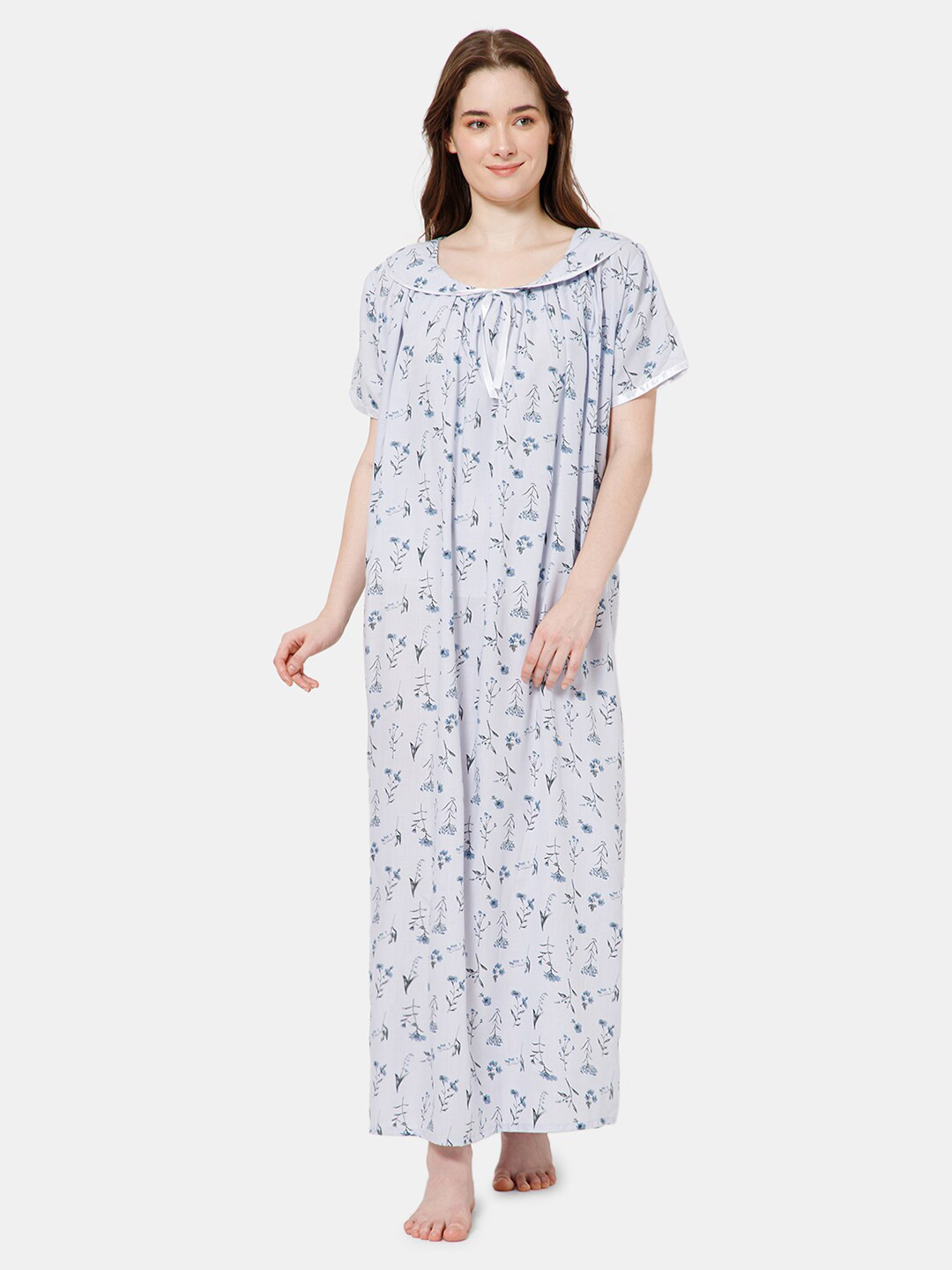 

NAIDU HALL Floral Printed Tie-Up Neck Maxi Nightdress, Blue