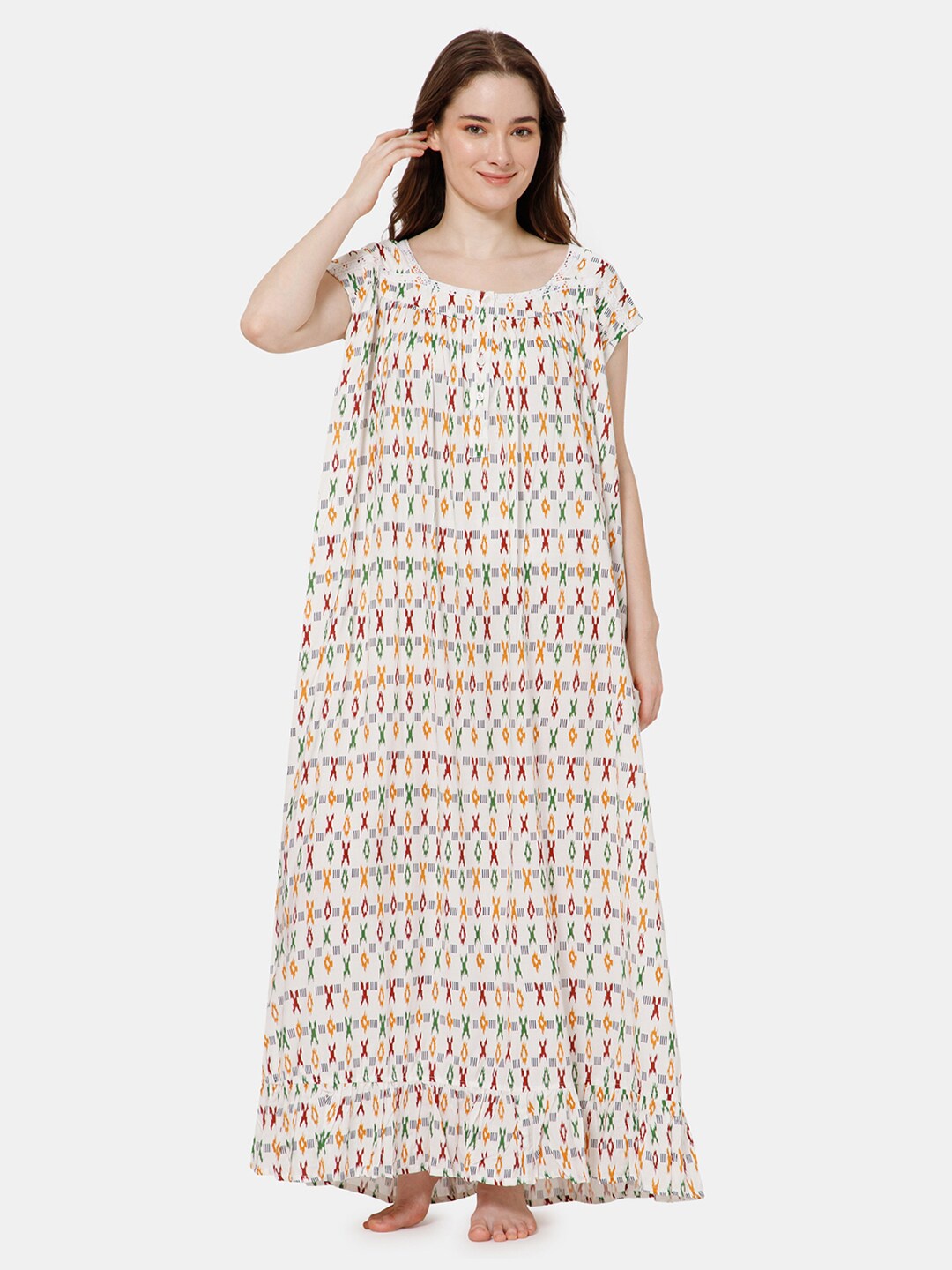 

NAIDU HALL Ethnic Motifs Printed Maxi Nightdress, White
