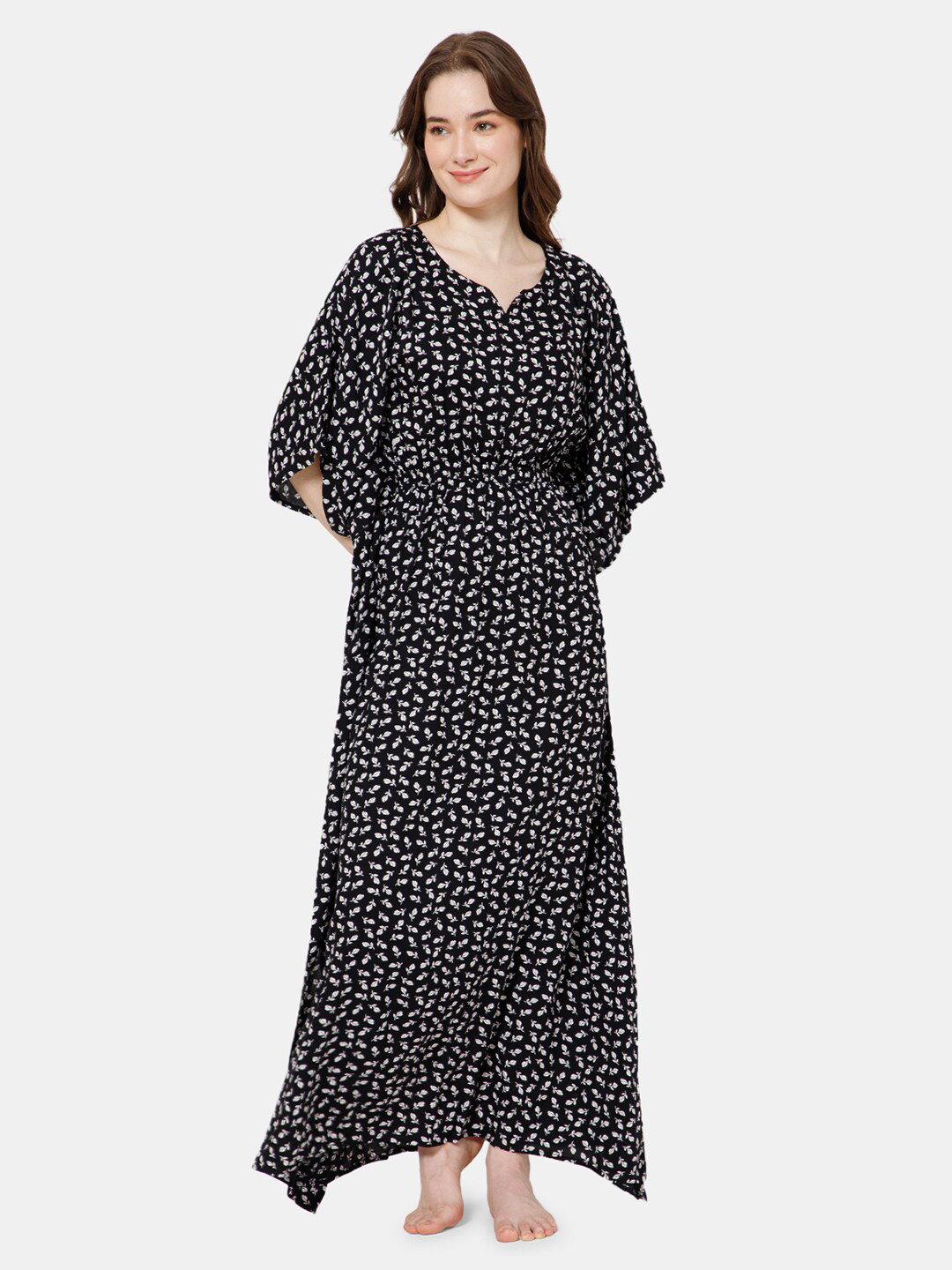 

NAIDU HALL Floral Printed Kaftan Maxi Nightdress, Black