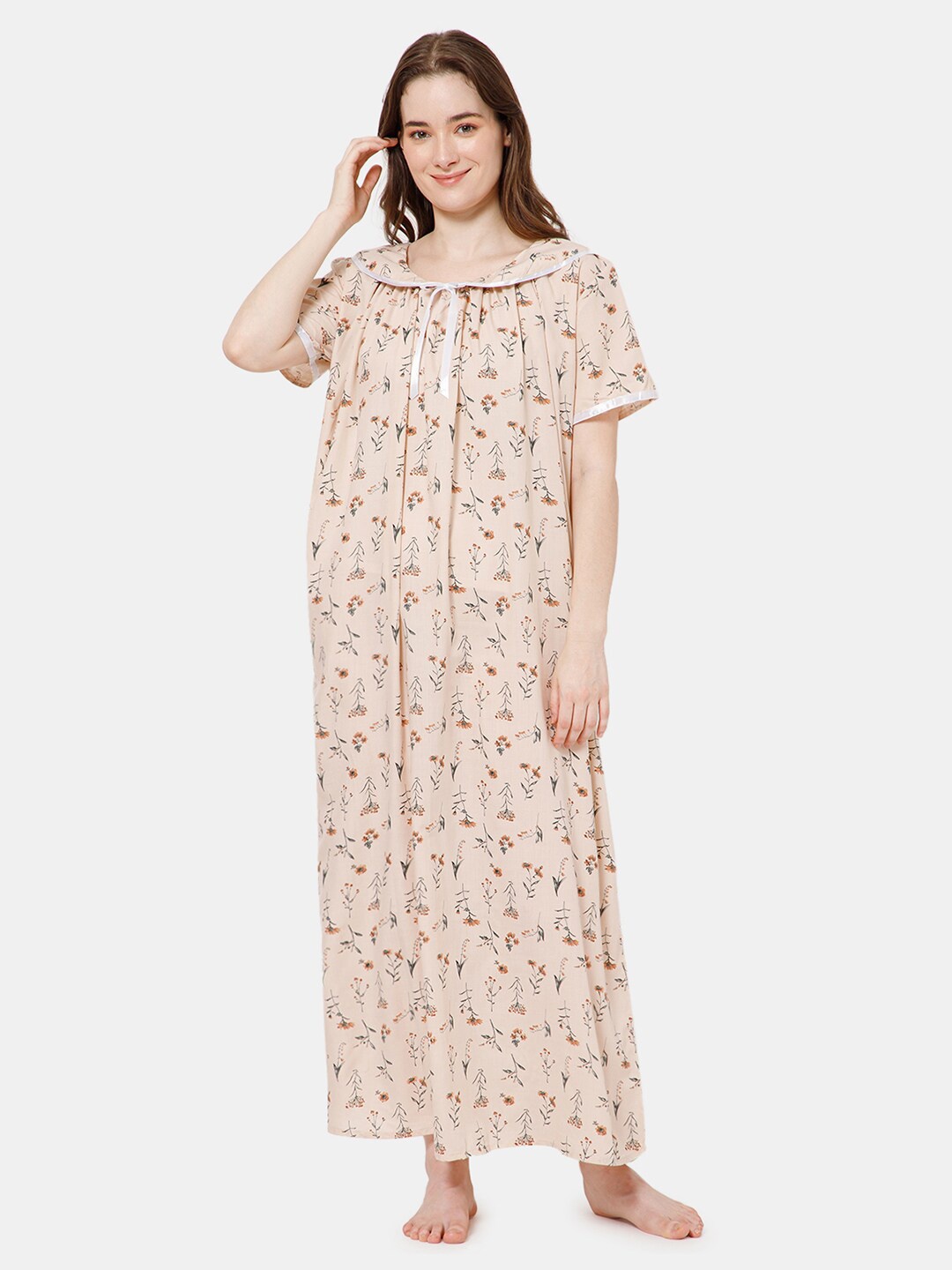 

NAIDU HALL Floral Printed Tie-Up Neck Maxi Nightdress, Peach