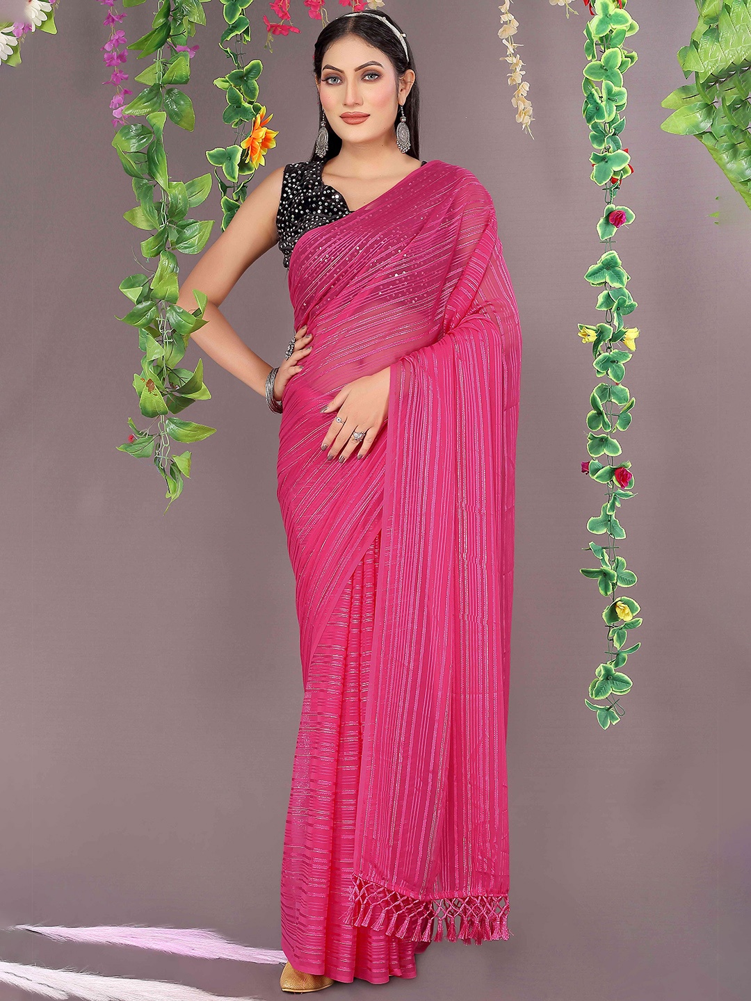 

KALINI Striped Saree With Embellished Sequinned Blouse, Pink