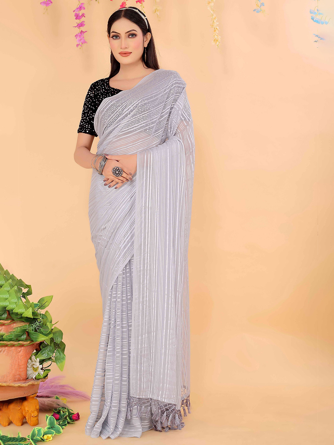 

KALINI Striped Lycra Saree, Grey
