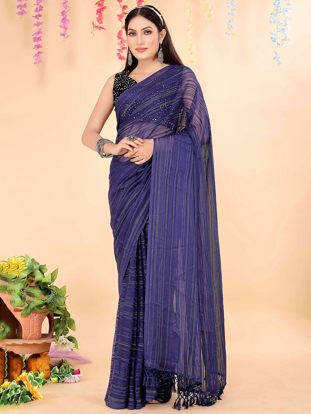 

KALINI Striped Lycra Saree, Navy blue