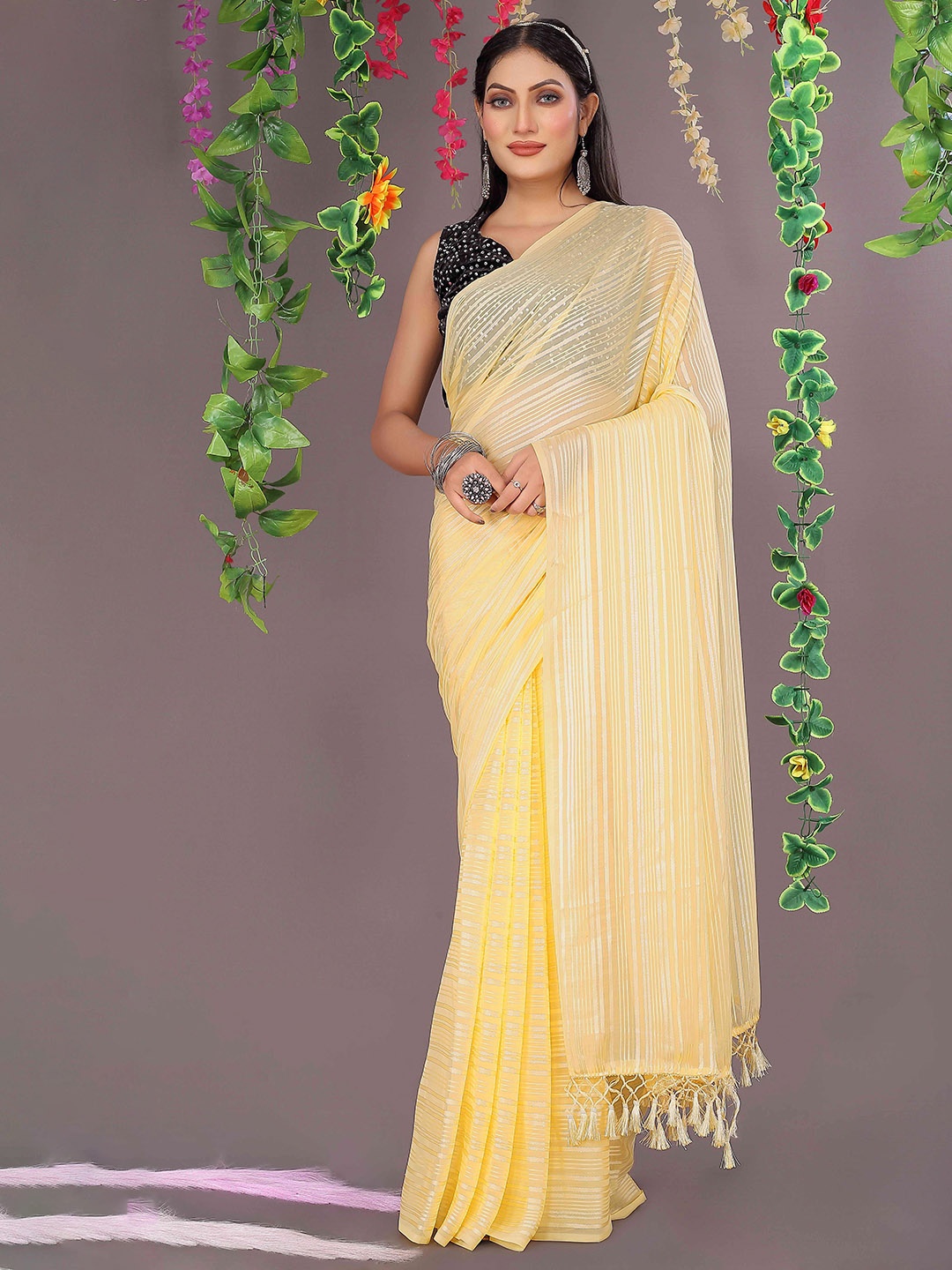 

KALINI Striped Sequinned Detail Saree, Beige