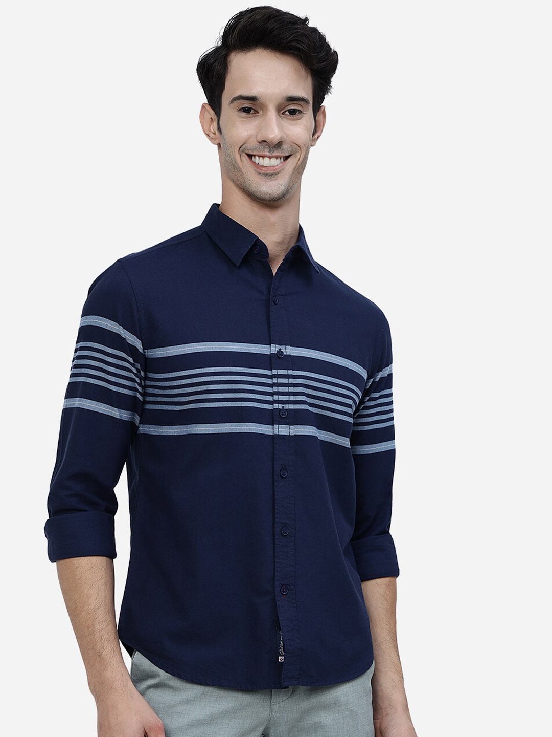 

Greenfibre Slim Fit Horizontal Striped Pure Cotton Casual Shirt, Navy blue