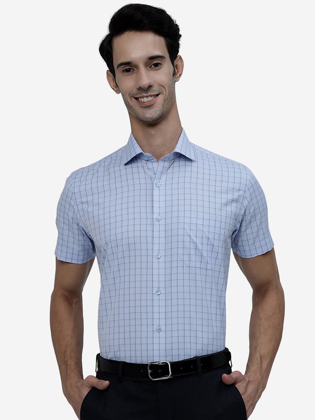 

Greenfibre Checked Spread Collar Cotton Formal Shirt, Blue