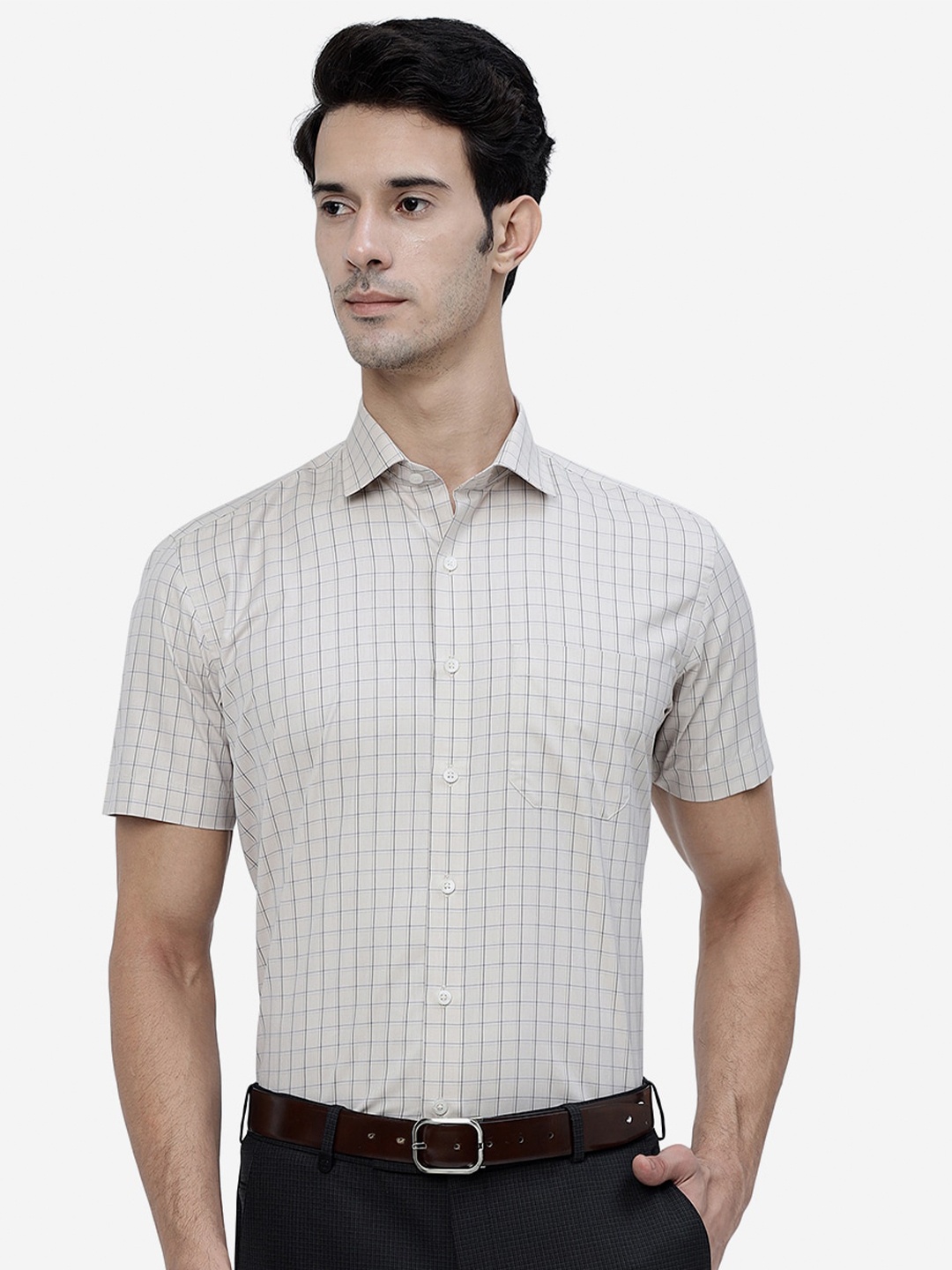 

Greenfibre Grid Tattersall Checked Cotton Formal Shirt, Khaki