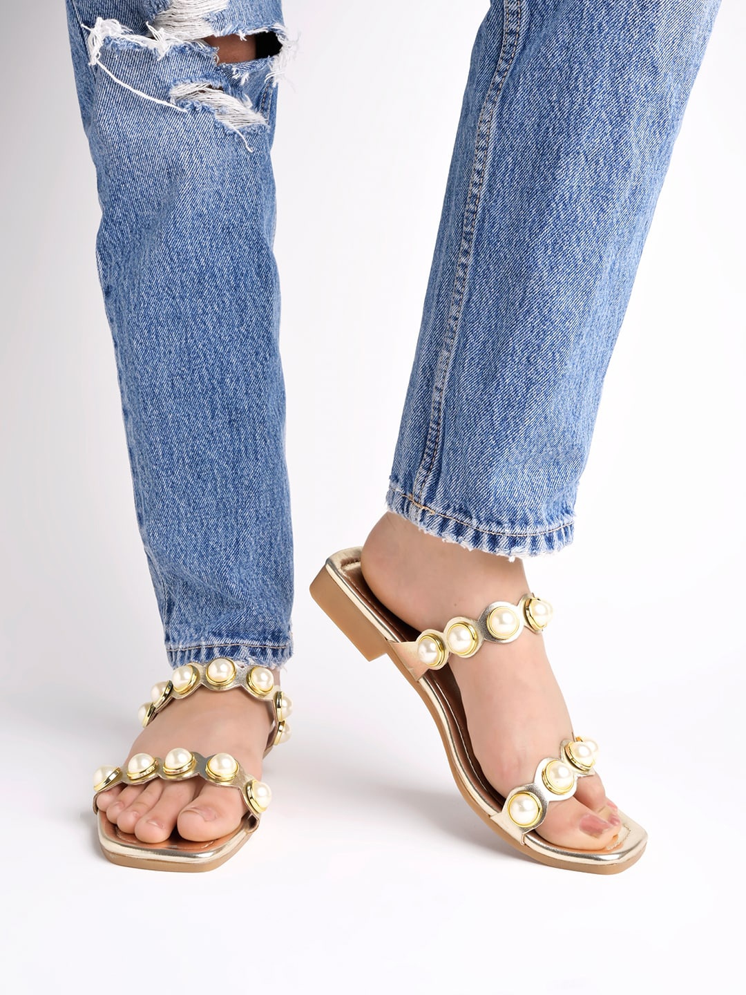 

Shoetopia Embellished Open Toe Flats, Gold