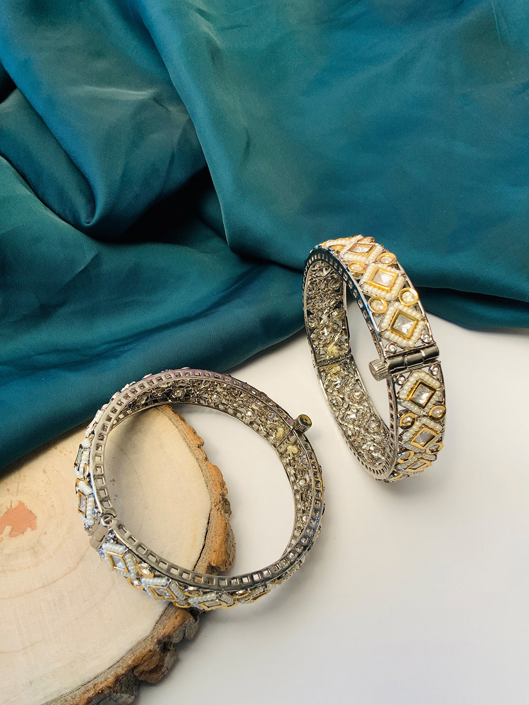 

ABDESIGNS Set Of 2 Silver-Plated & Stone Studded Bangle