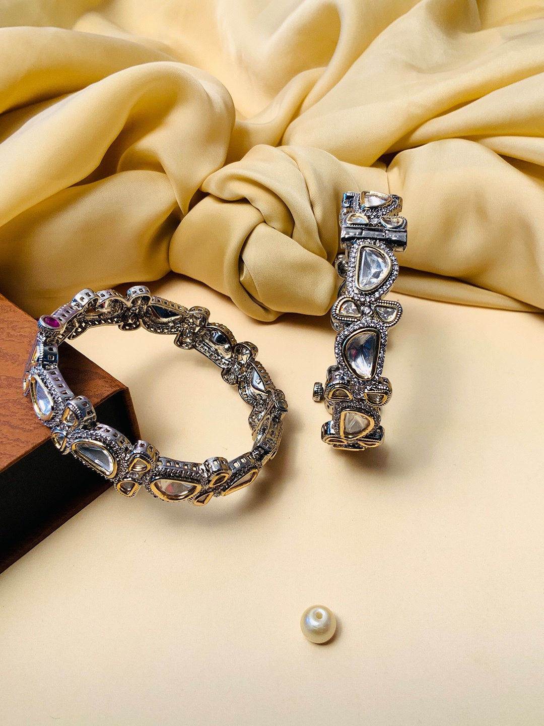 

ABDESIGNS Set Of 2 Silver-Plated Stone Studded Plated Bangle
