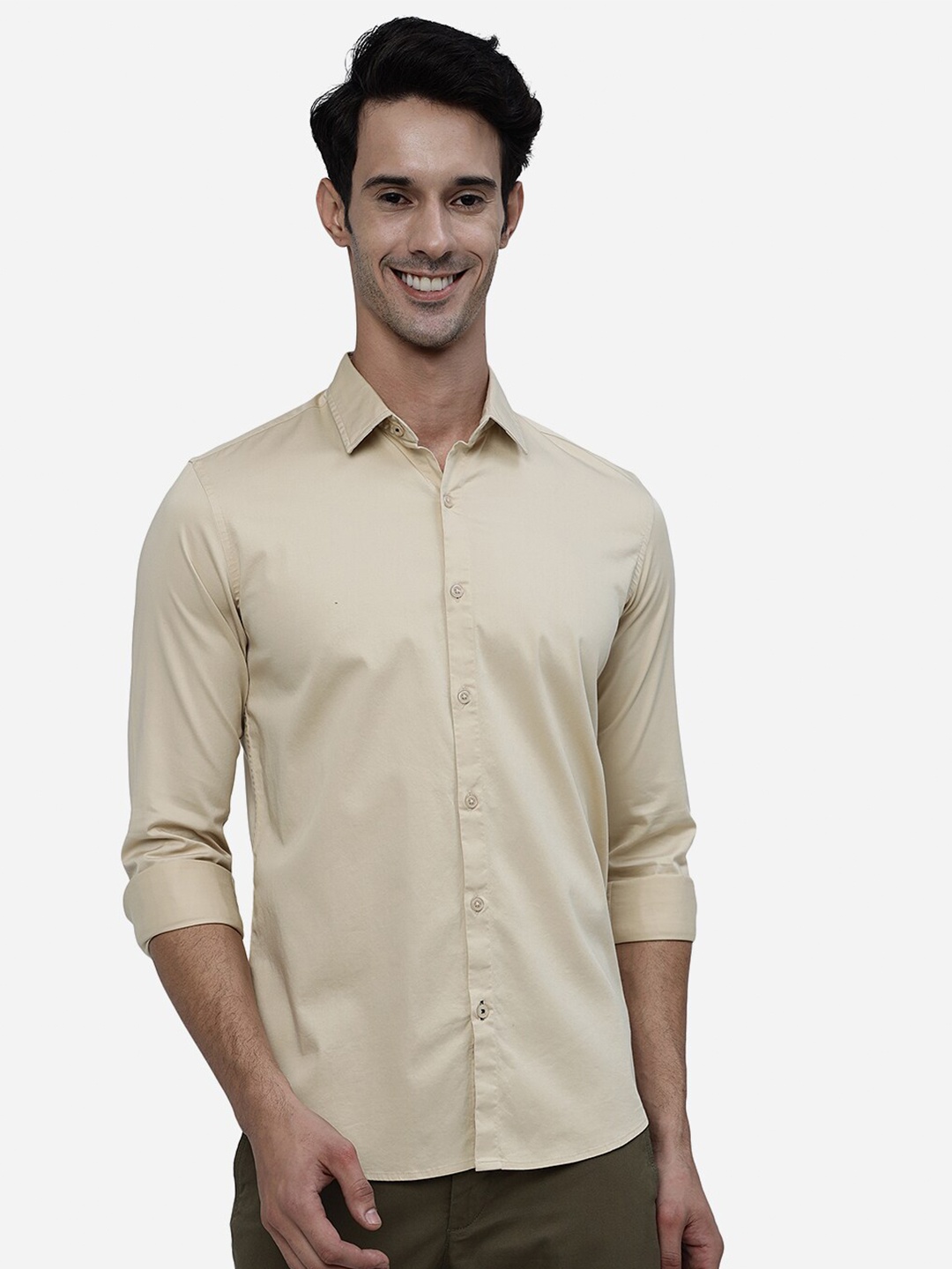 

JADE BLUE Slim Fit Opaque Pure Cotton Casual Shirt, Cream