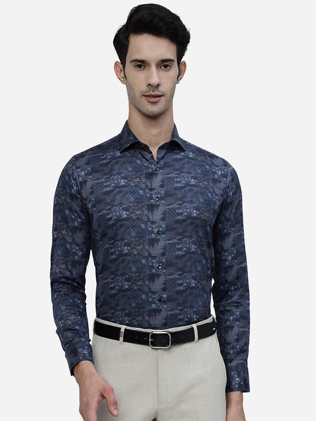

JB STUDIO Slim Fit Abstract Printed Denim Weave Pure Cotton Formal Shirt, Blue