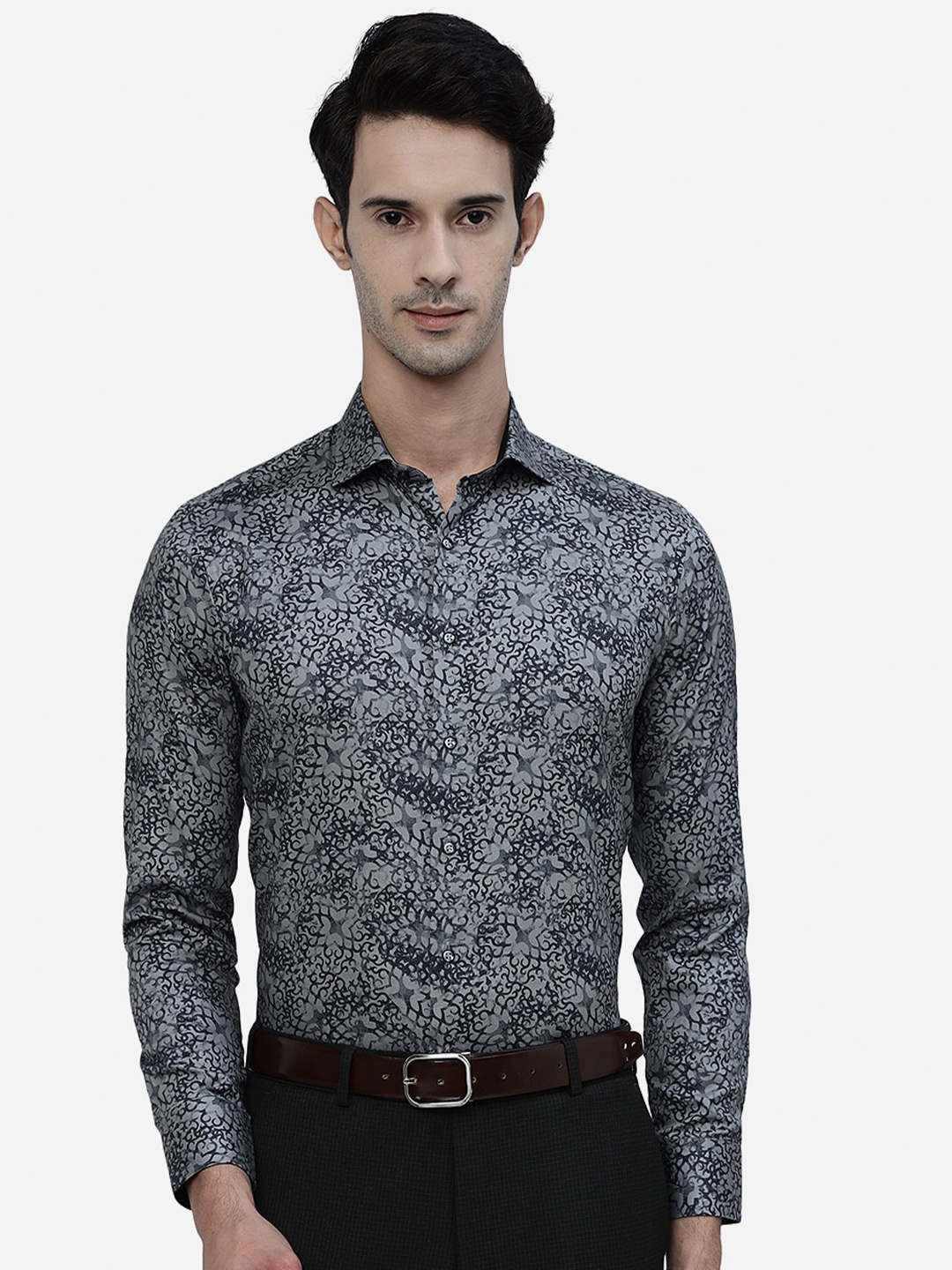 

JB STUDIO Slim Fit Abstract Printed Denim Weave Pure Cotton Formal Shirt, Grey