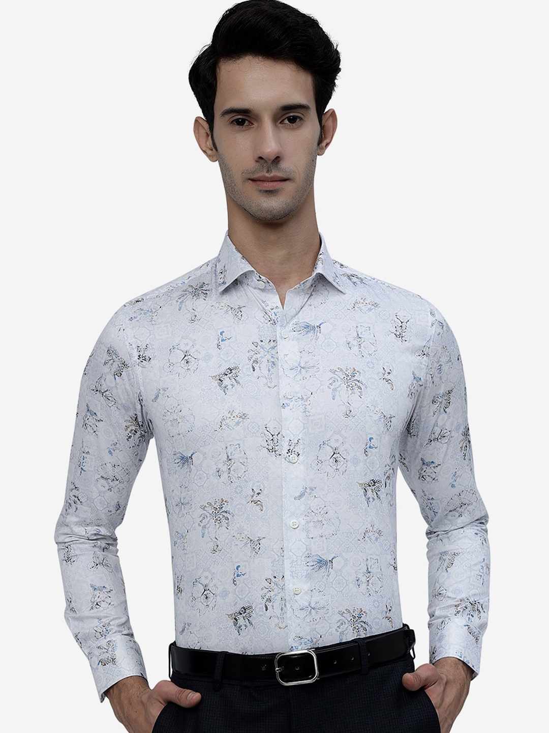 

JB STUDIO Slim Fit Floral Printed Denim Weave Pure Cotton Formal Shirt, White