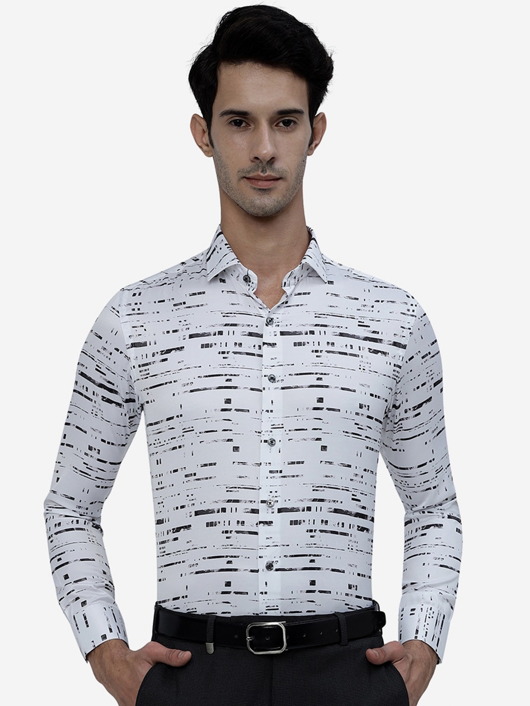 

JB STUDIO Slim Fit Abstract Printed Denim Weave Pure Cotton Formal Shirt, White