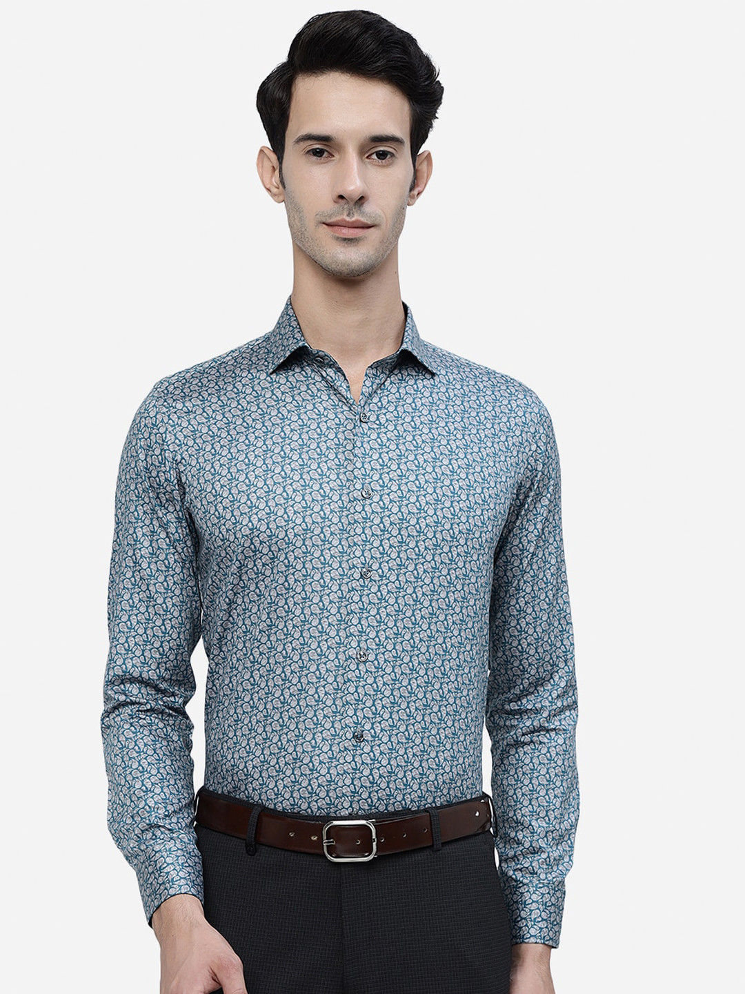 

JB STUDIO Slim Fit Ethnic Motifs Printed Denim Weave Pure Cotton Formal Shirt, Blue