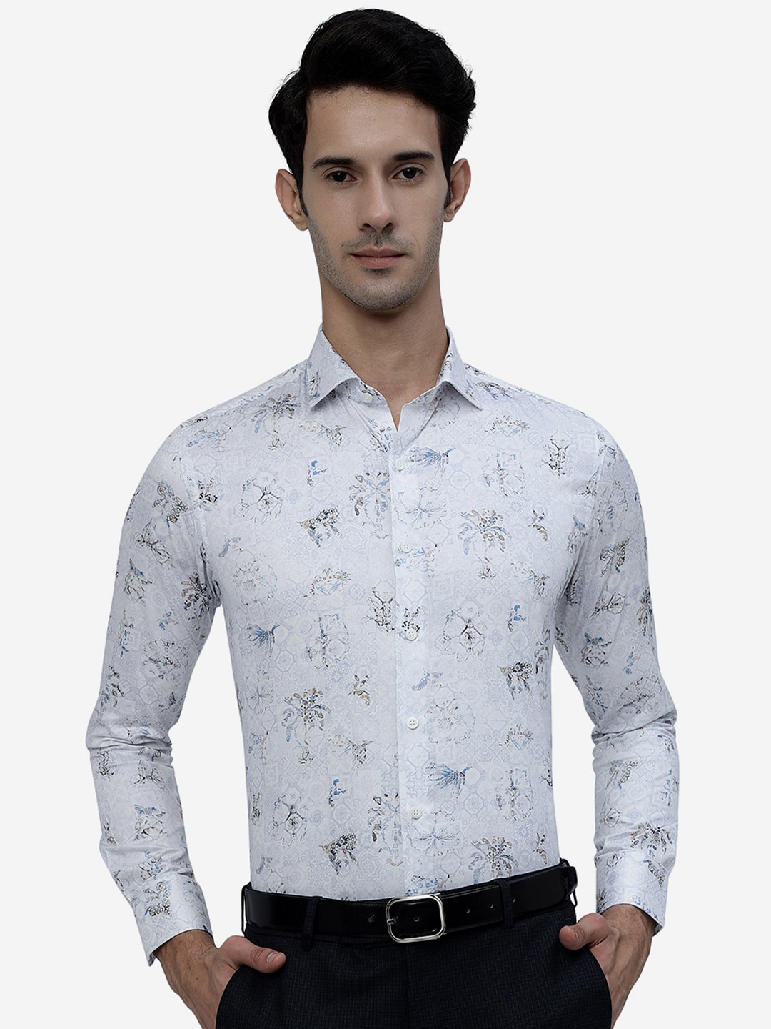 

JB STUDIO Slim Fit Floral Printed Denim Weave Pure Cotton Formal Shirt, White