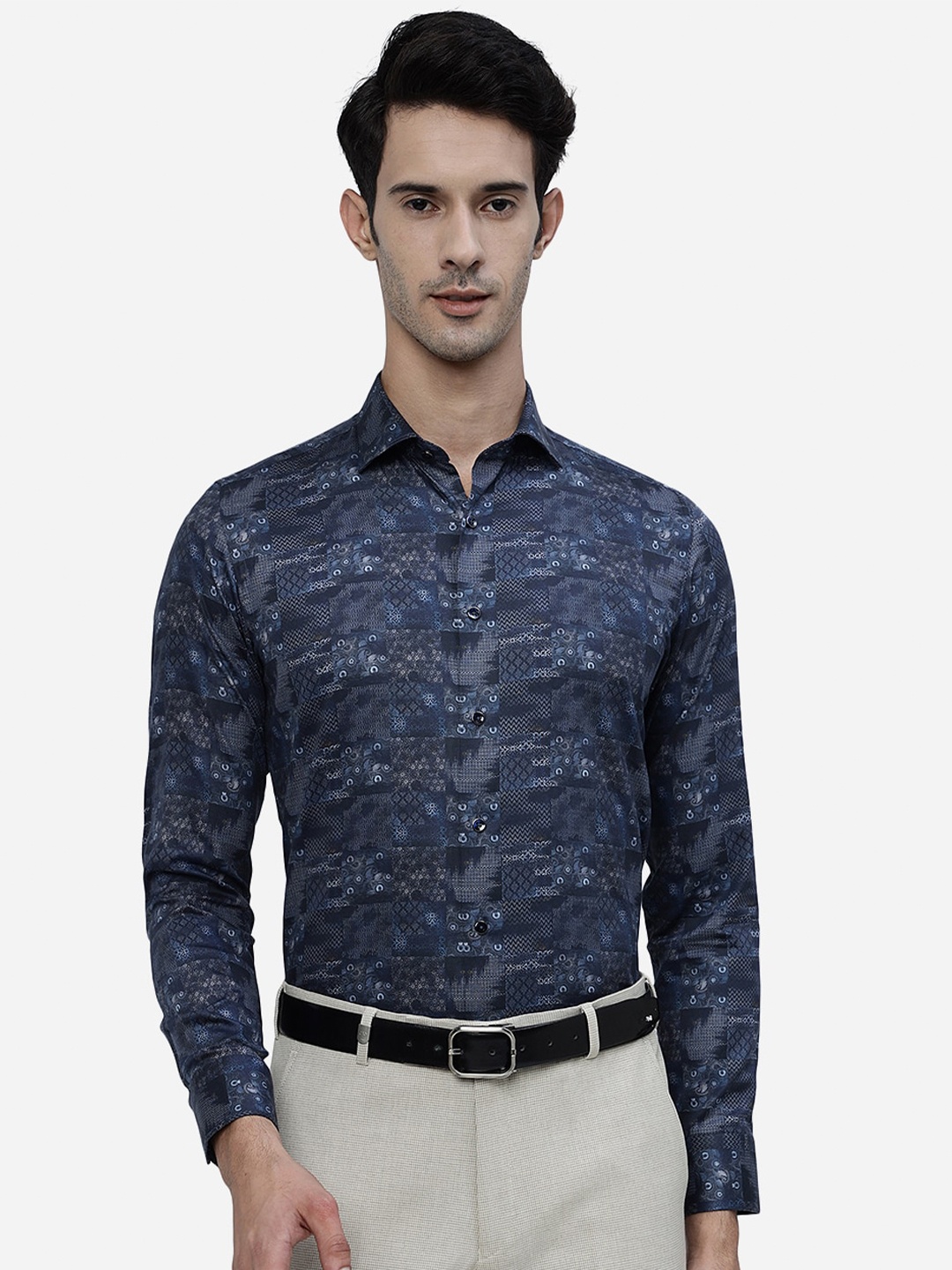 

JB STUDIO Abstract Printed Slim Fit Denim Pure Cotton Formal Shirt, Blue