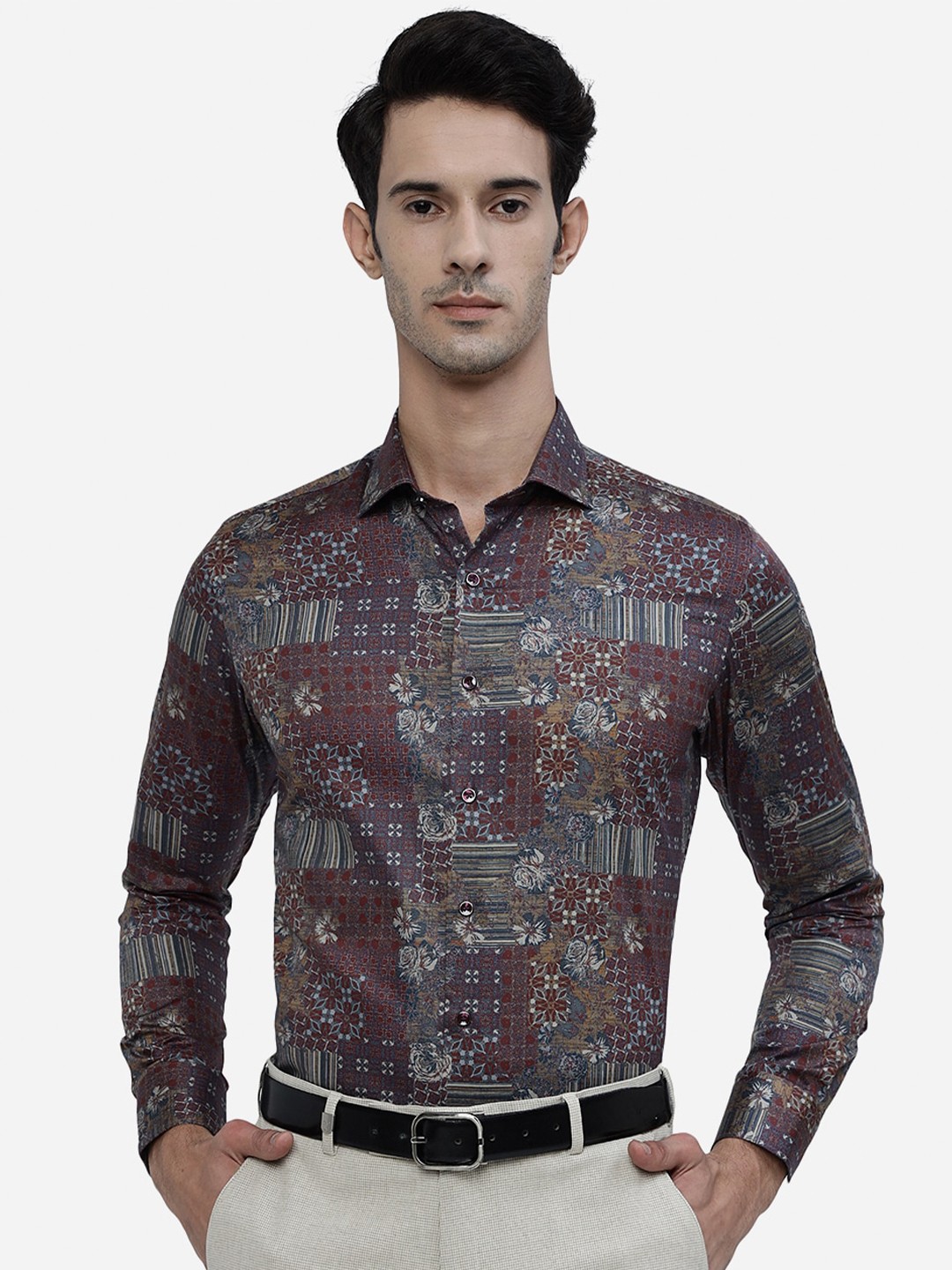 

JB STUDIO Plus Size Floral Printed Slim Fit Denim Pure Cotton Formal Shirt, Maroon