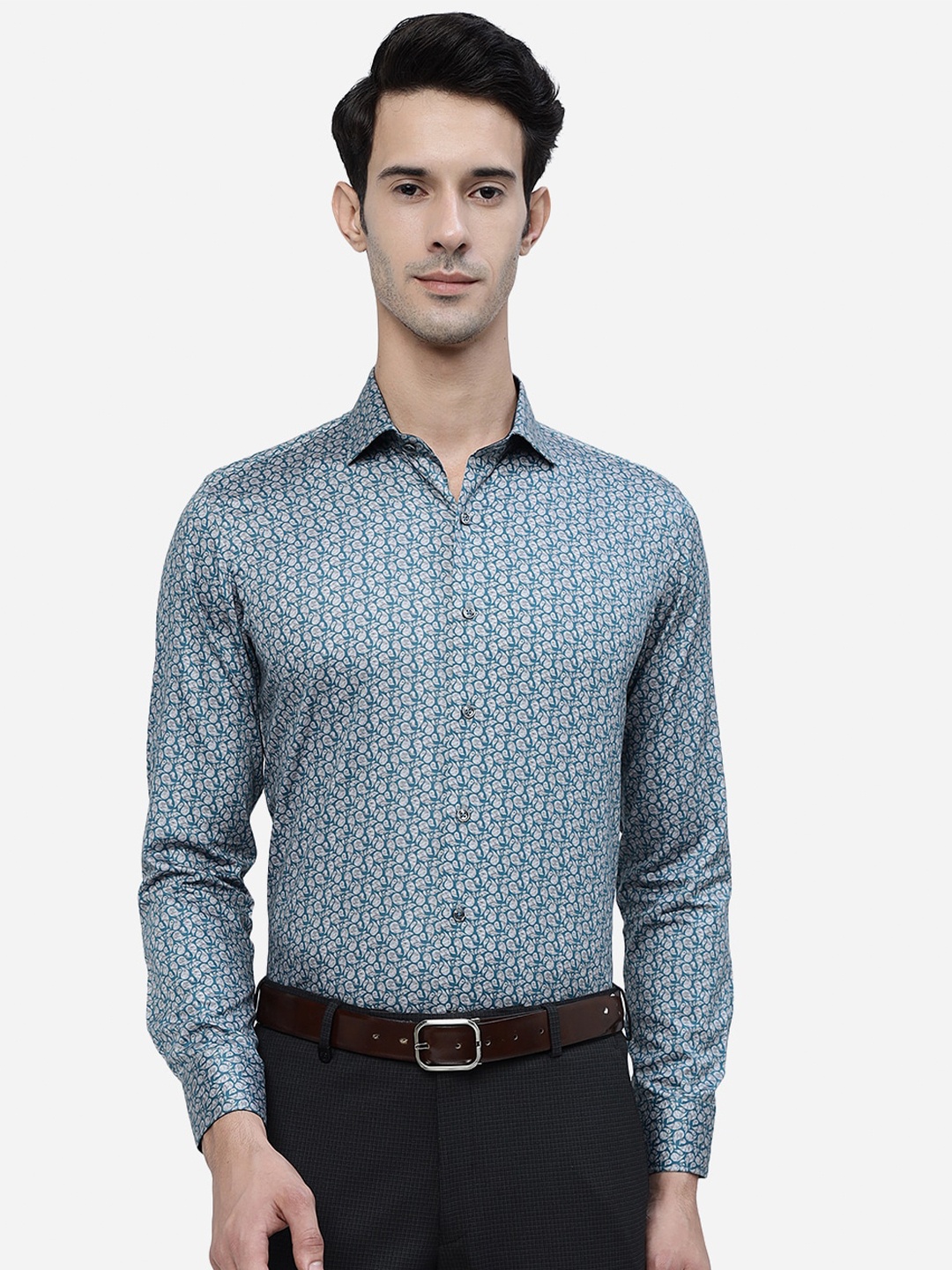 

JB STUDIO Ethnic Motifs Printed Slim Fit Denim Pure Cotton Formal Shirt, Blue