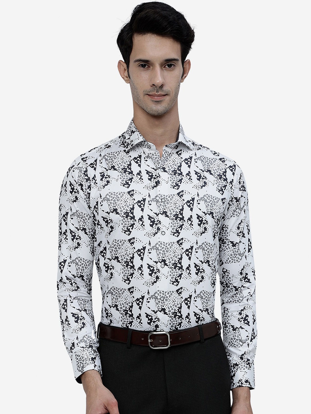 

JB STUDIO Abstract Printed Slim Fit Denim Pure Cotton Formal Shirt, White