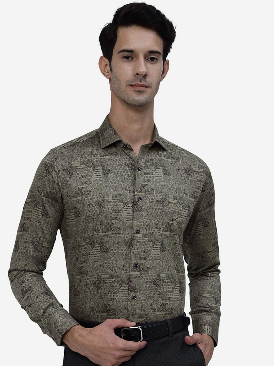 

JB STUDIO Plus Size Geometric Printed Slim Fit Denim Pure Cotton Formal Shirt, Green