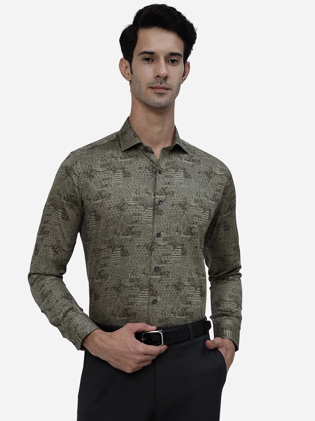 

JB STUDIO Geometric Printed Slim Fit Pure Cotton Formal Shirt, Green
