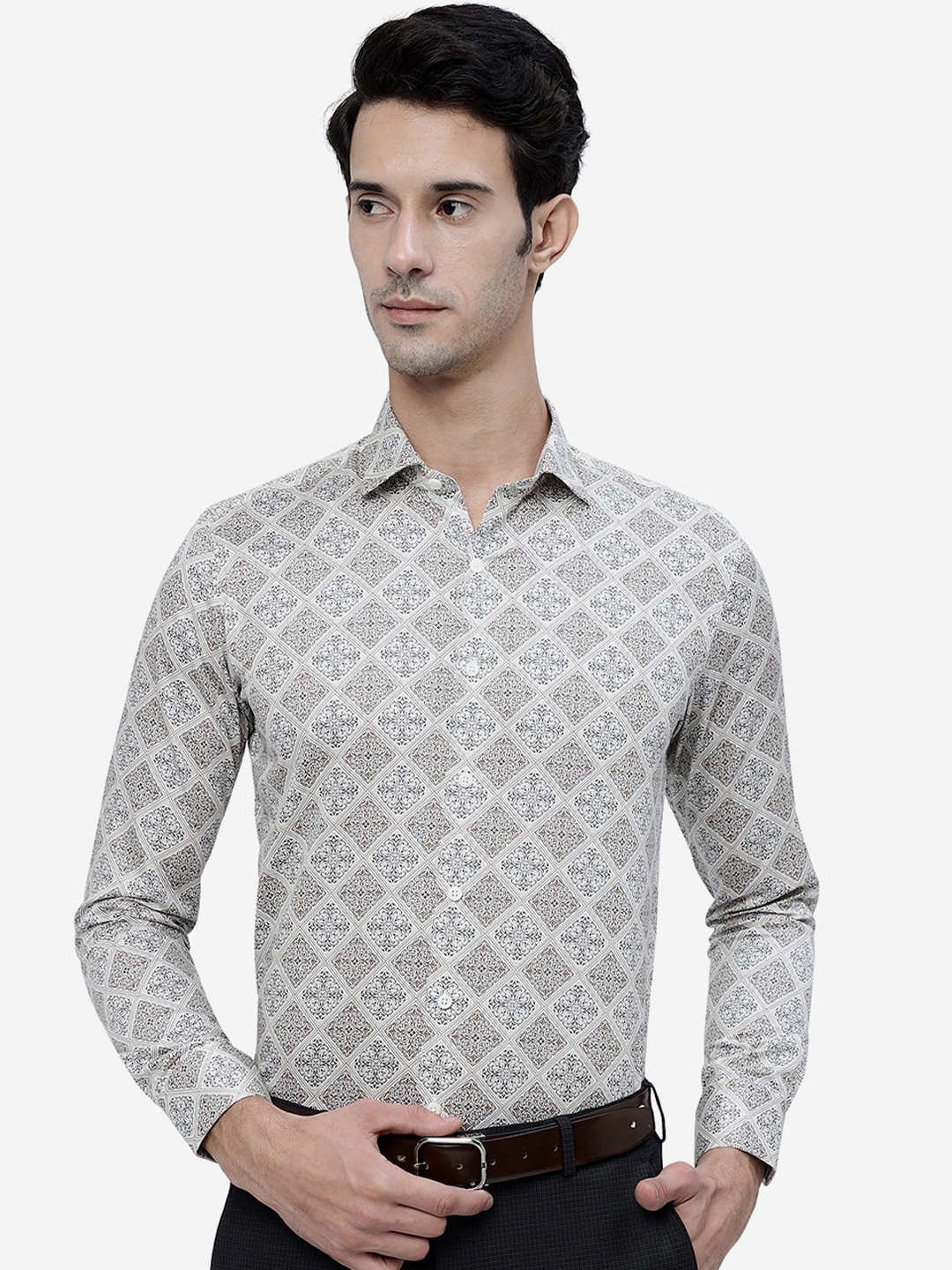 

JB STUDIO Slim Fit Ethnic Motifs Printed Casual Pure Cotton Shirt, Cream