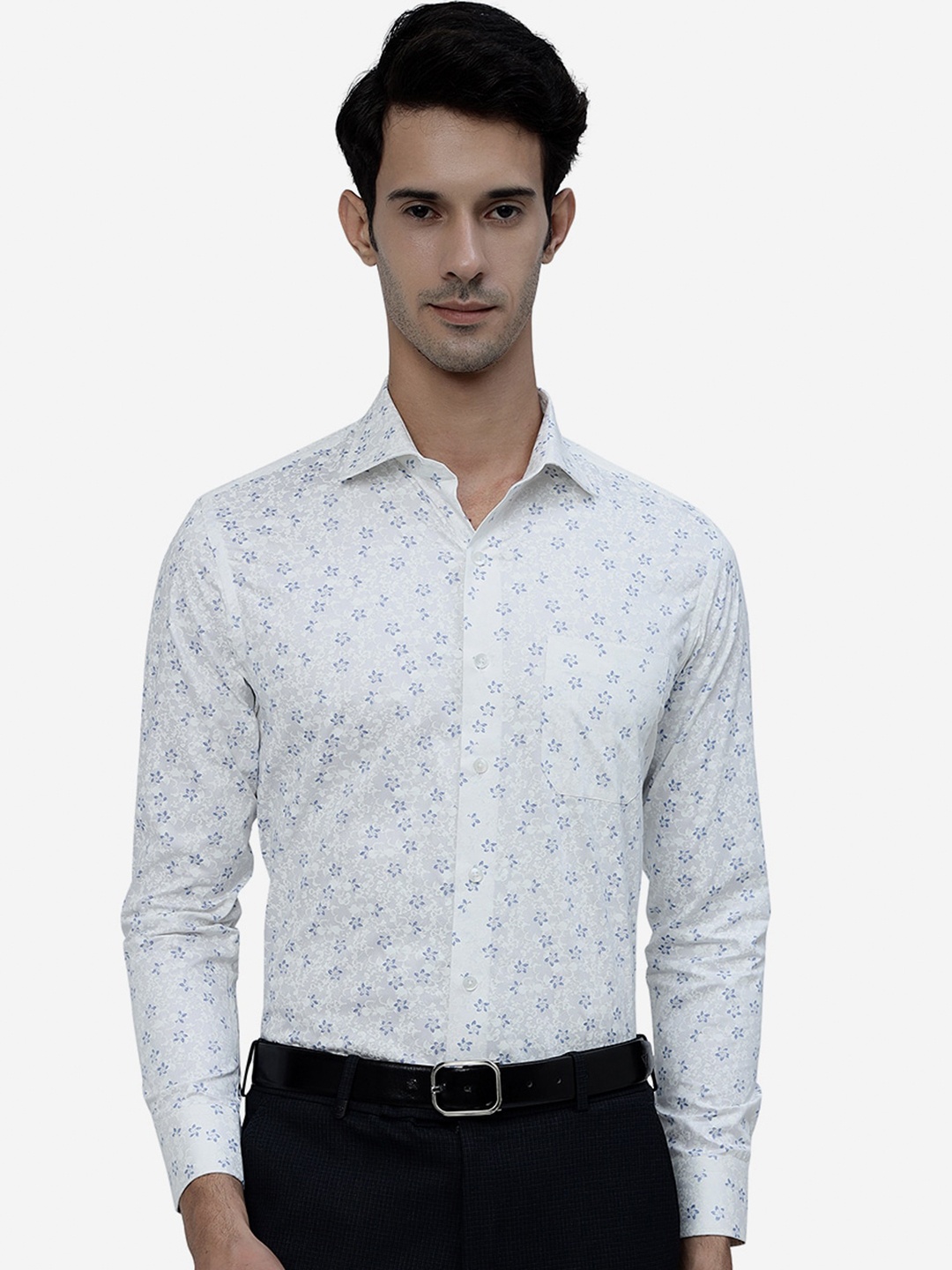 

METAL Floral Printed Pure Cotton Denim Slim Fit Formal Shirt, White