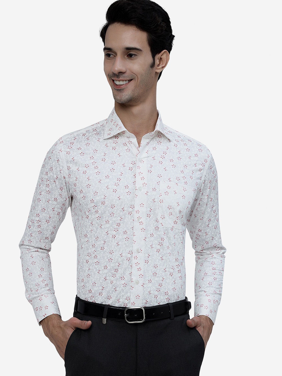 

METAL Floral Printed Pure Cotton Denim Slim Fit Formal Shirt, White