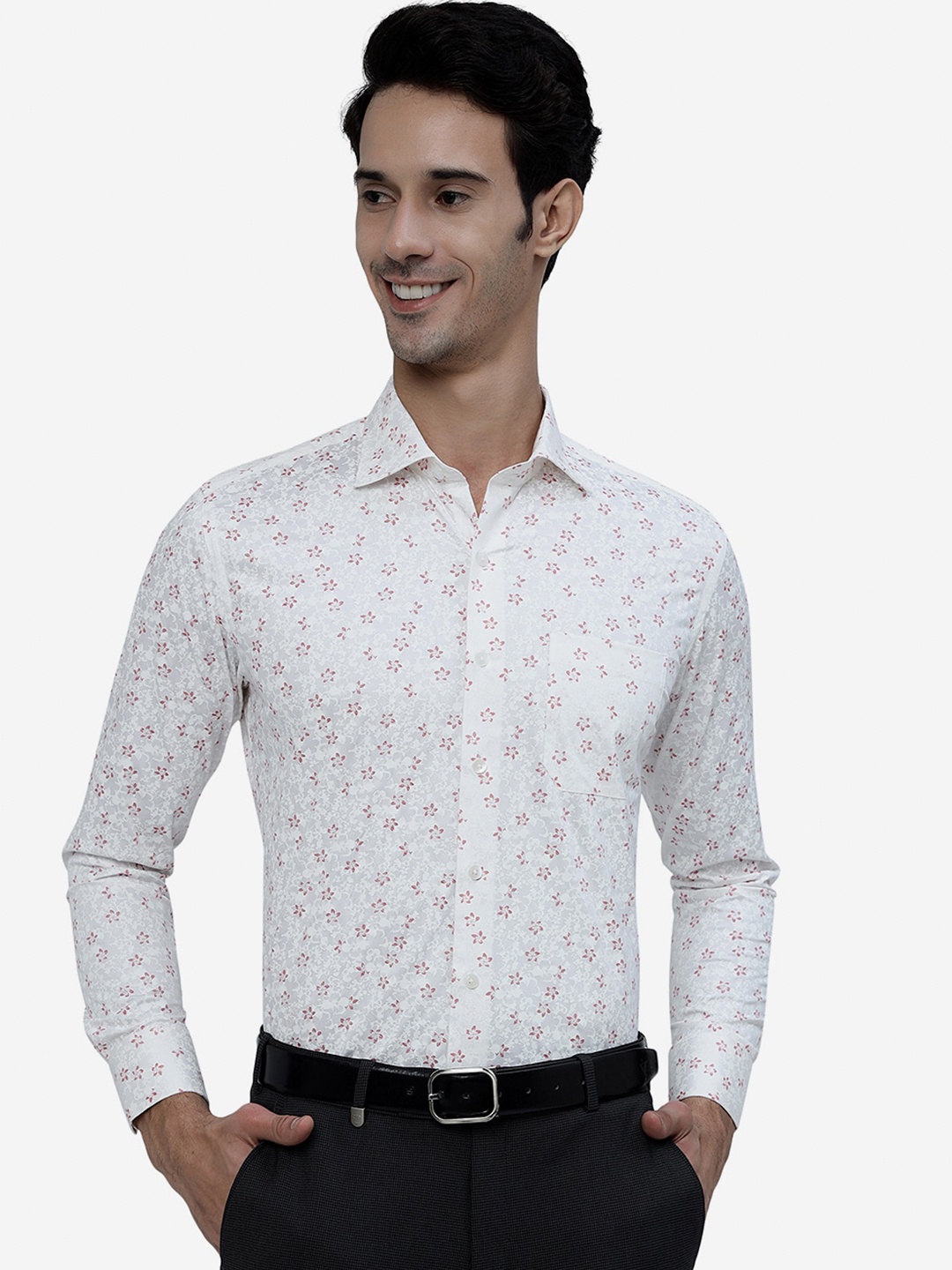 

METAL Slim Fit Floral Printed Pure Cotton Formal Shirt, White