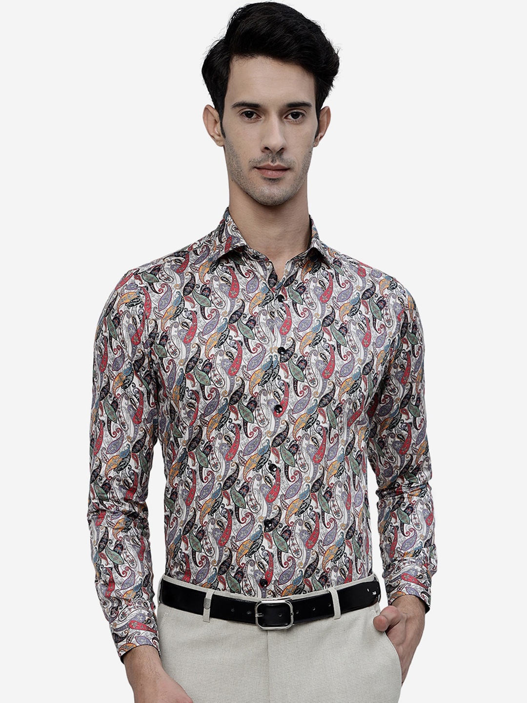 

WYRE Ethnic Motifs Printed Slim Fit Denim Pure Cotton Formal Shirt, Beige