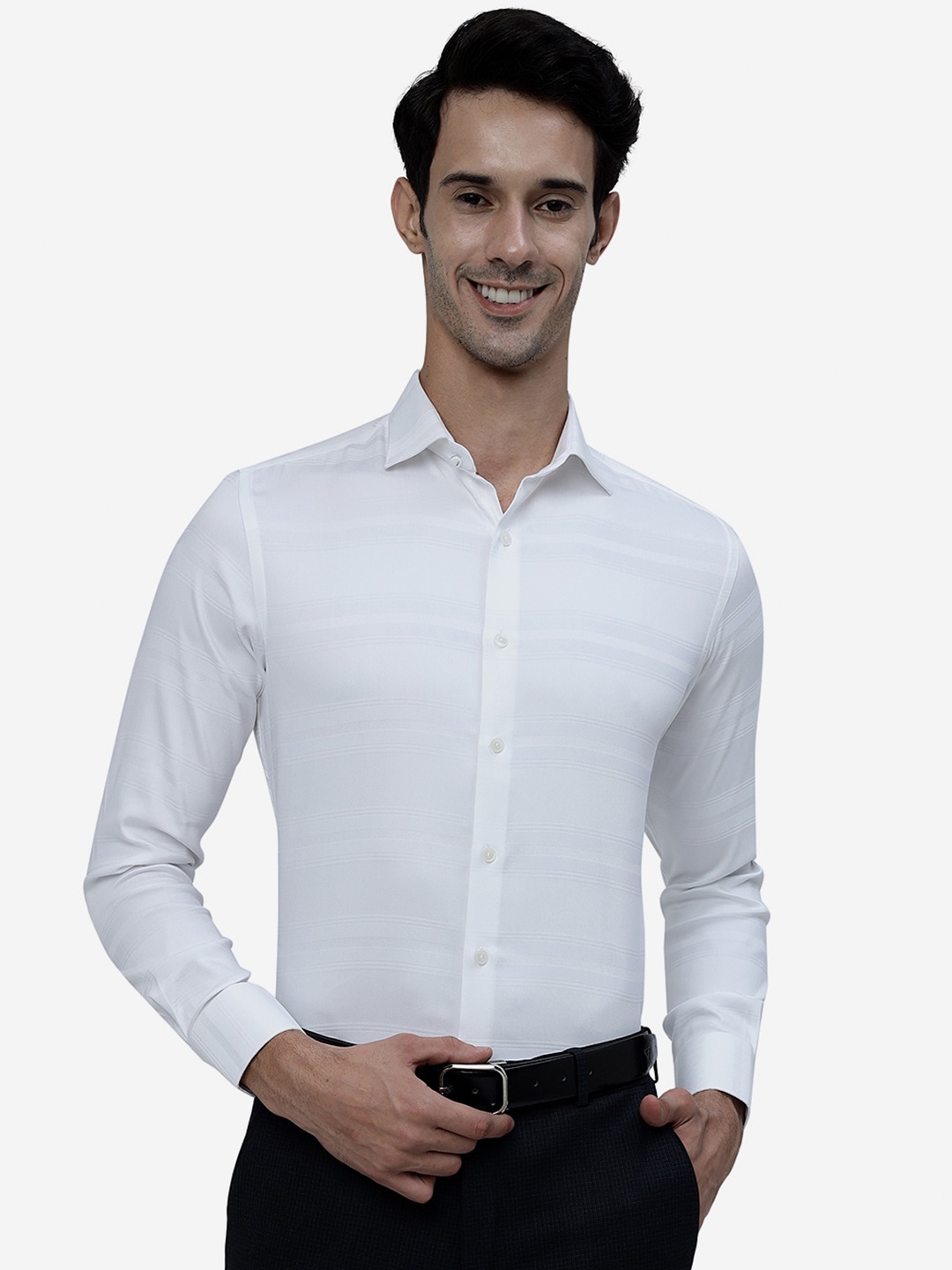 

WYRE Plus Size Striped Slim Fit Denim Pure Cotton Formal Shirt, White