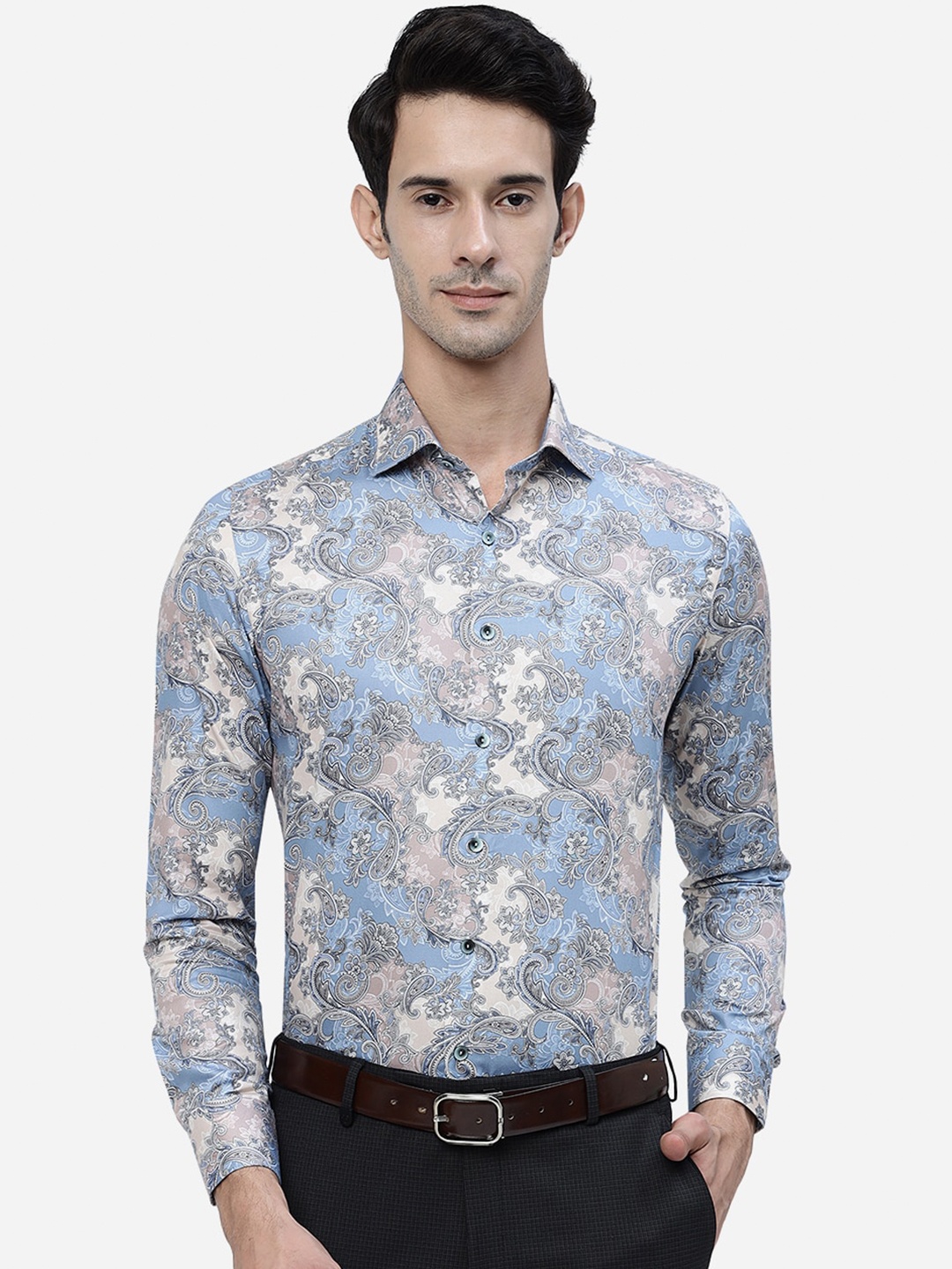 

WYRE Ethnic Motifs Printed Slim Fit Denim Pure Cotton Formal Shirt, Blue