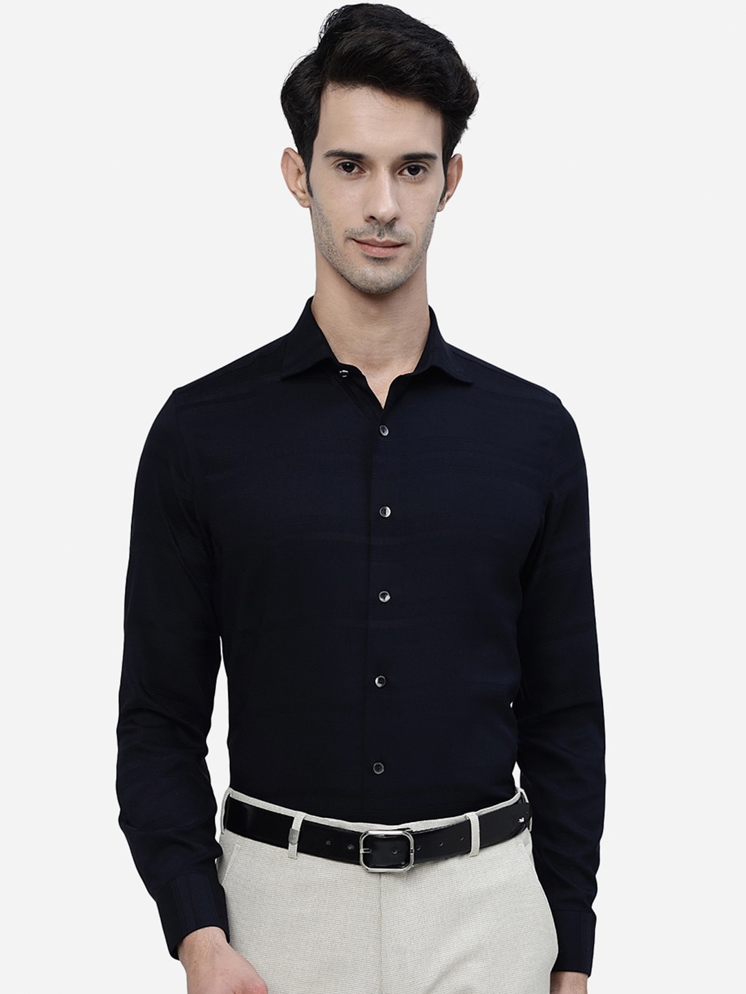 

WYRE Slim Fit Horizontal Striped Denim Weave Pure Cotton Formal Shirt, Blue