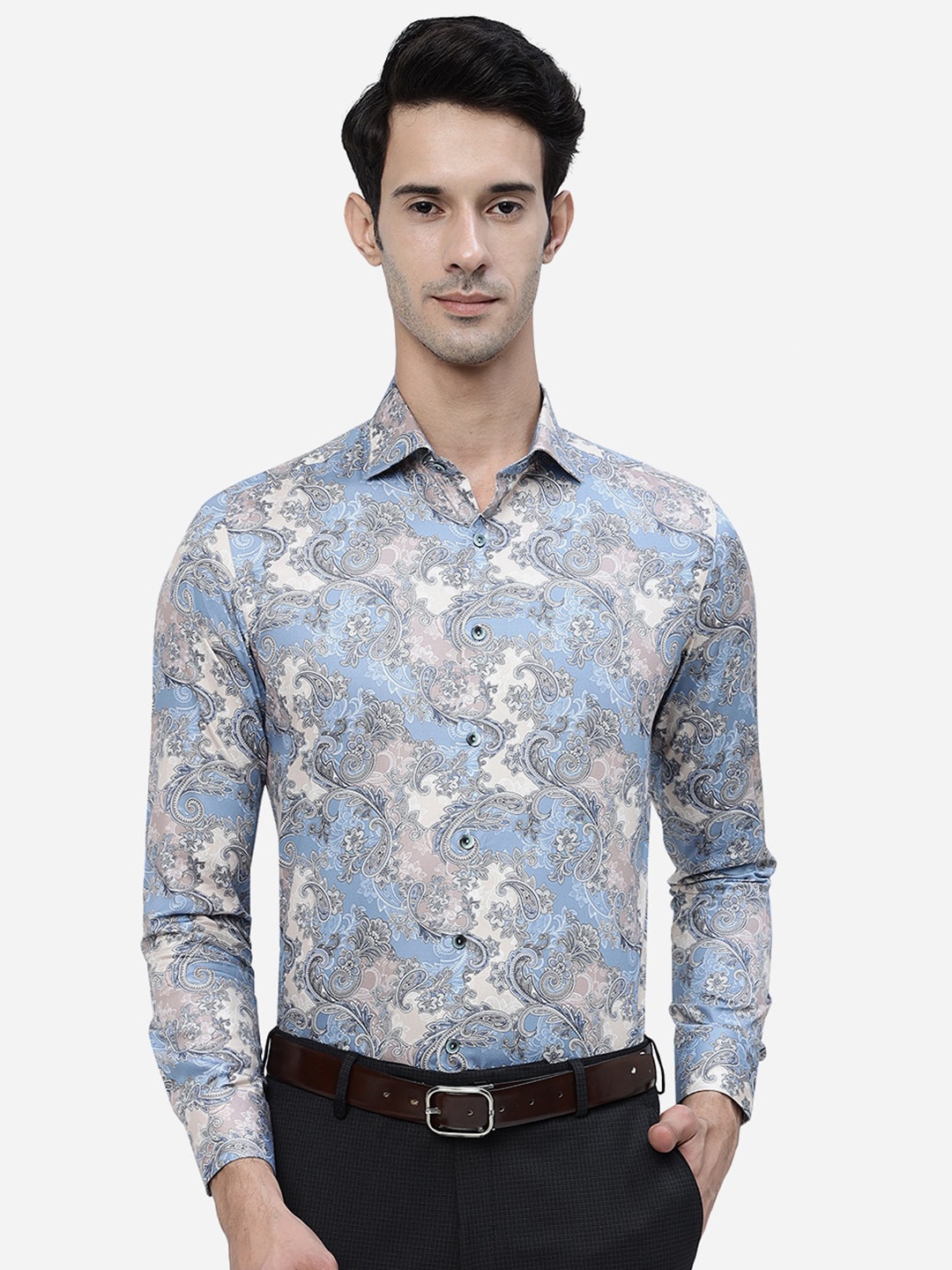 

WYRE Floral Printed Slim Fit Denim Pure Cotton Formal Shirt, Blue