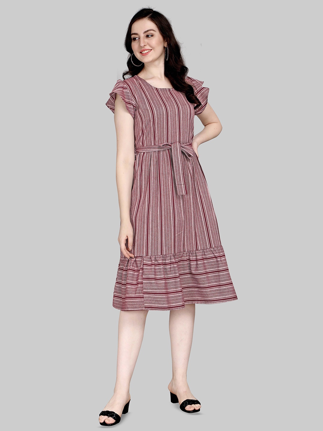 

Kinjo Striped Cap Sleeves Belted Cotton A-Line Dress, Maroon