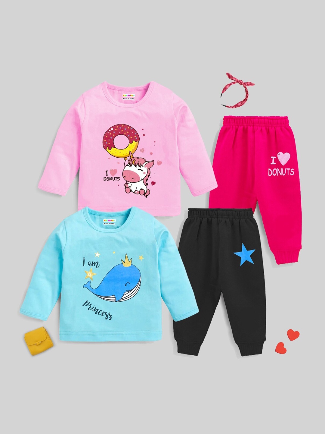 

KUCHIPOO Infant Girls Pack Of 2 Printed Cotton Night Suit, Pink