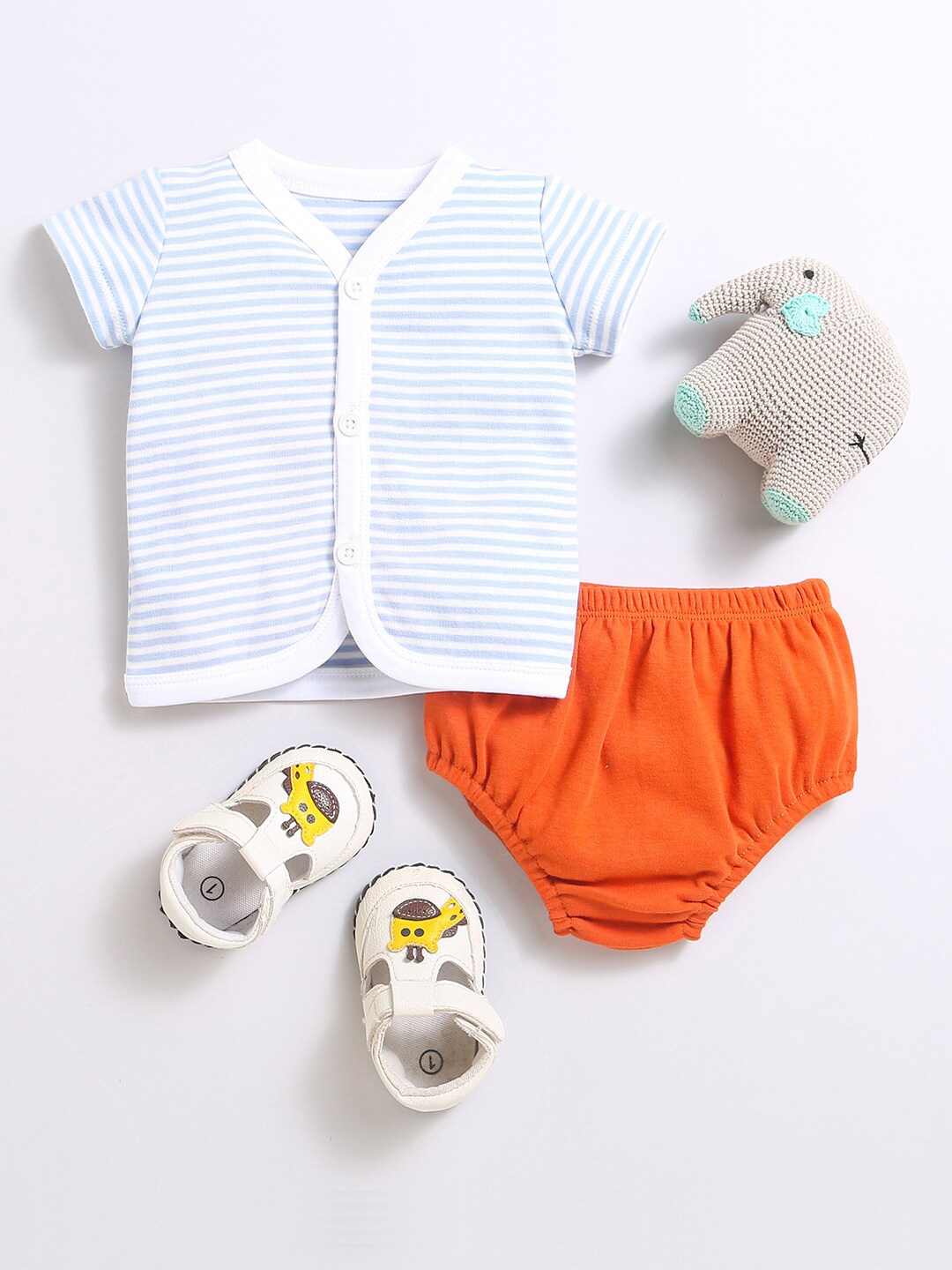

Nino Bambino Kids Striped Printed Pure Cotton Jhabla with Bloomers, Blue