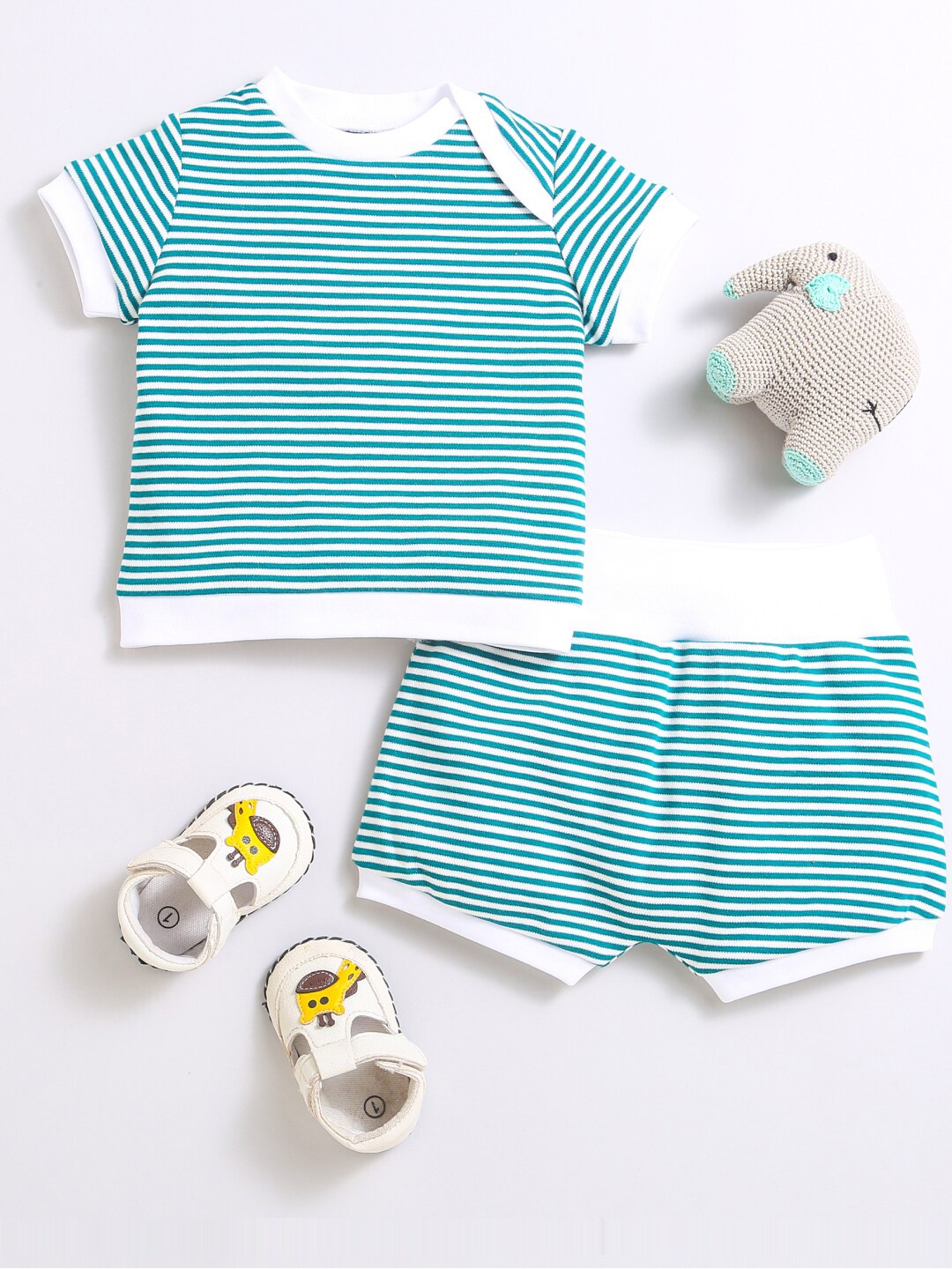 

Nino Bambino Kids Striped Pure Cotton T-shirt with Shorts, Green
