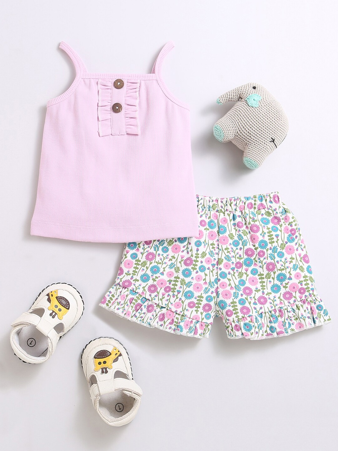 

Nino Bambino Girls Striped Shoulder Strap Pure Cotton Top with Shorts, Pink