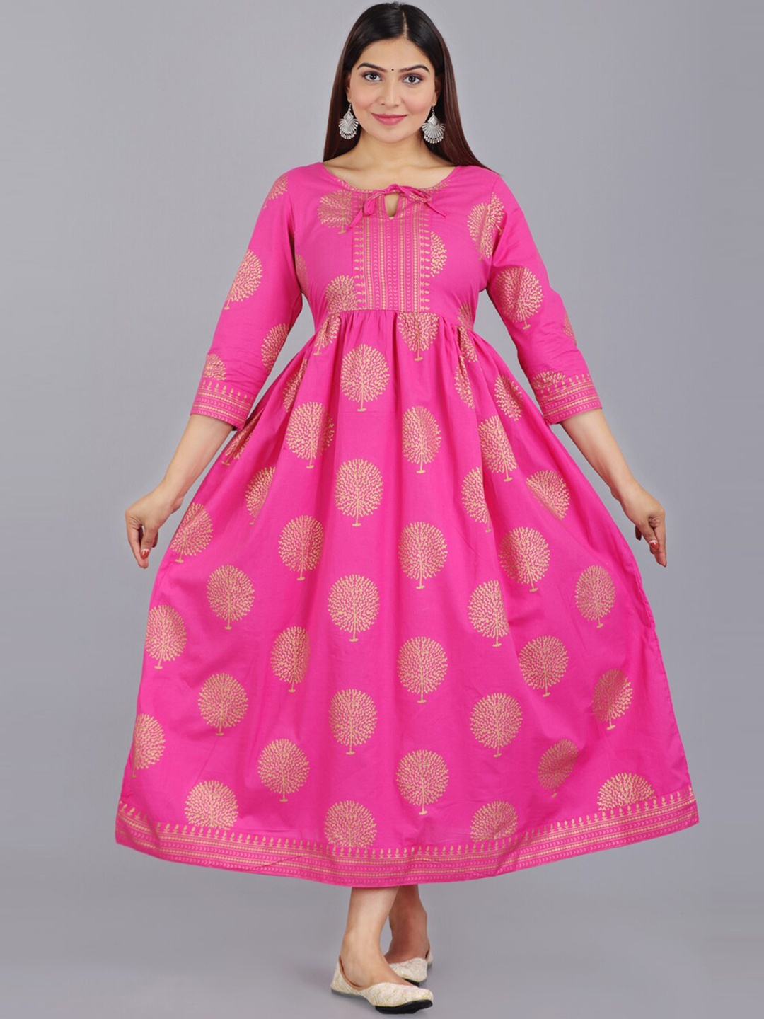 

KALINI Ethnic Motifs Foil Printed Tie-Up Neck Empire Anarkali Kurta, Pink