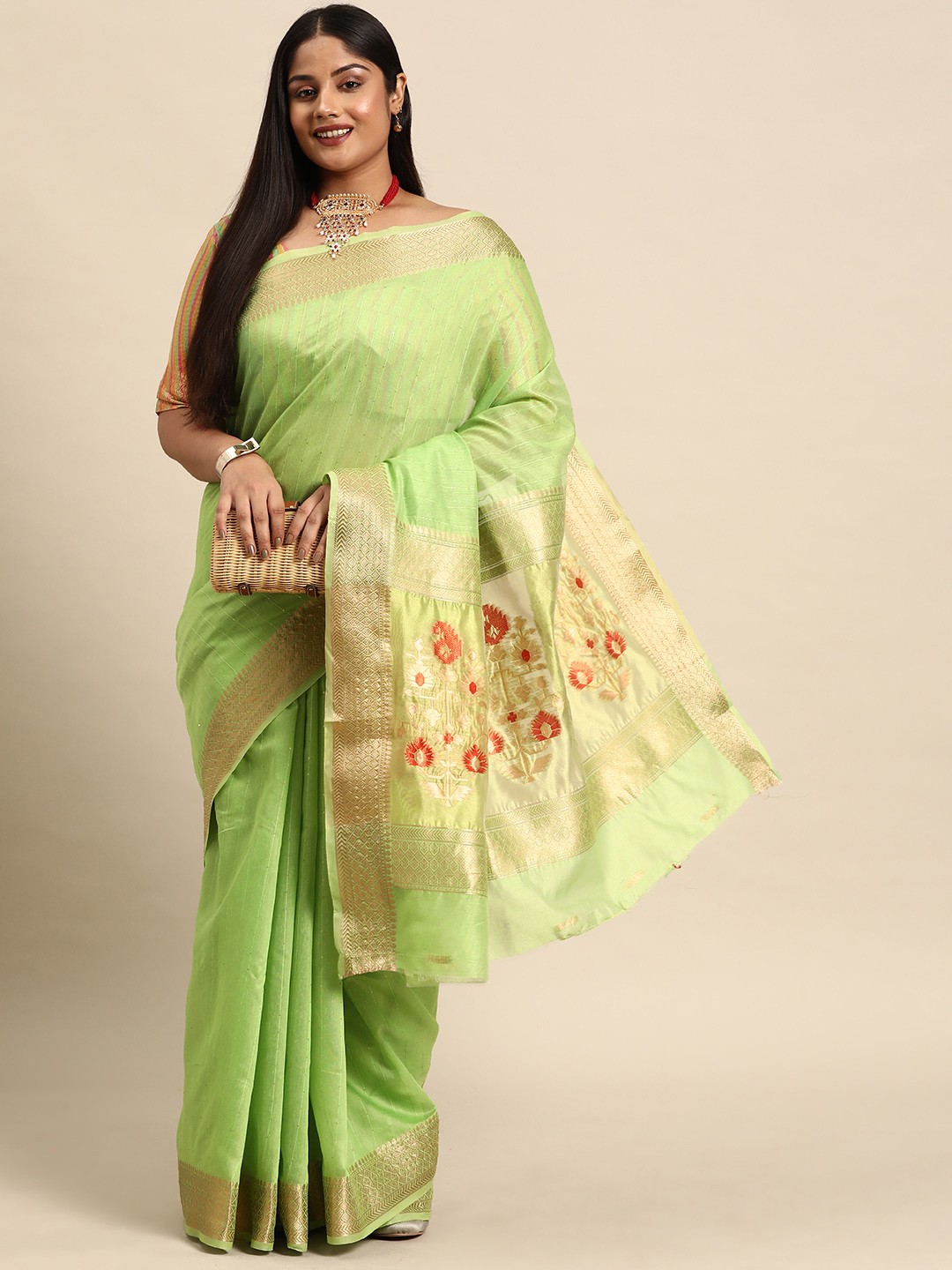 

Sztori Woven Design Striped Zari Organza Banarasi Saree, Green