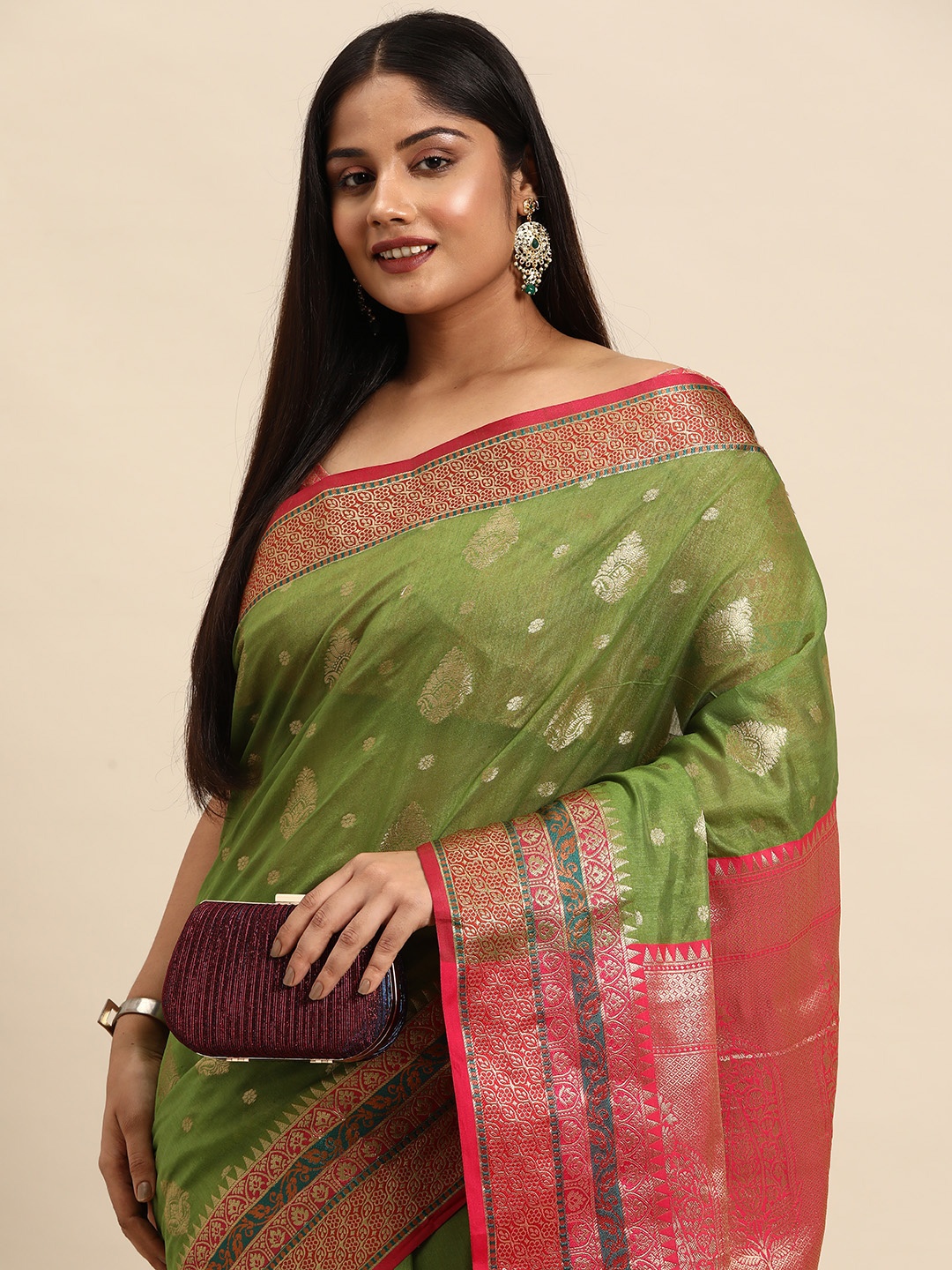 

Sztori Woven Design Ethnic Motifs Zari Pure Cotton Banarasi Saree, Green