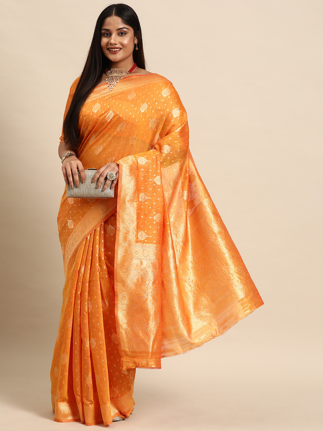 

Sztori Woven Design Ethnic Motifs Zari Pure Cotton Banarasi Saree, Gold